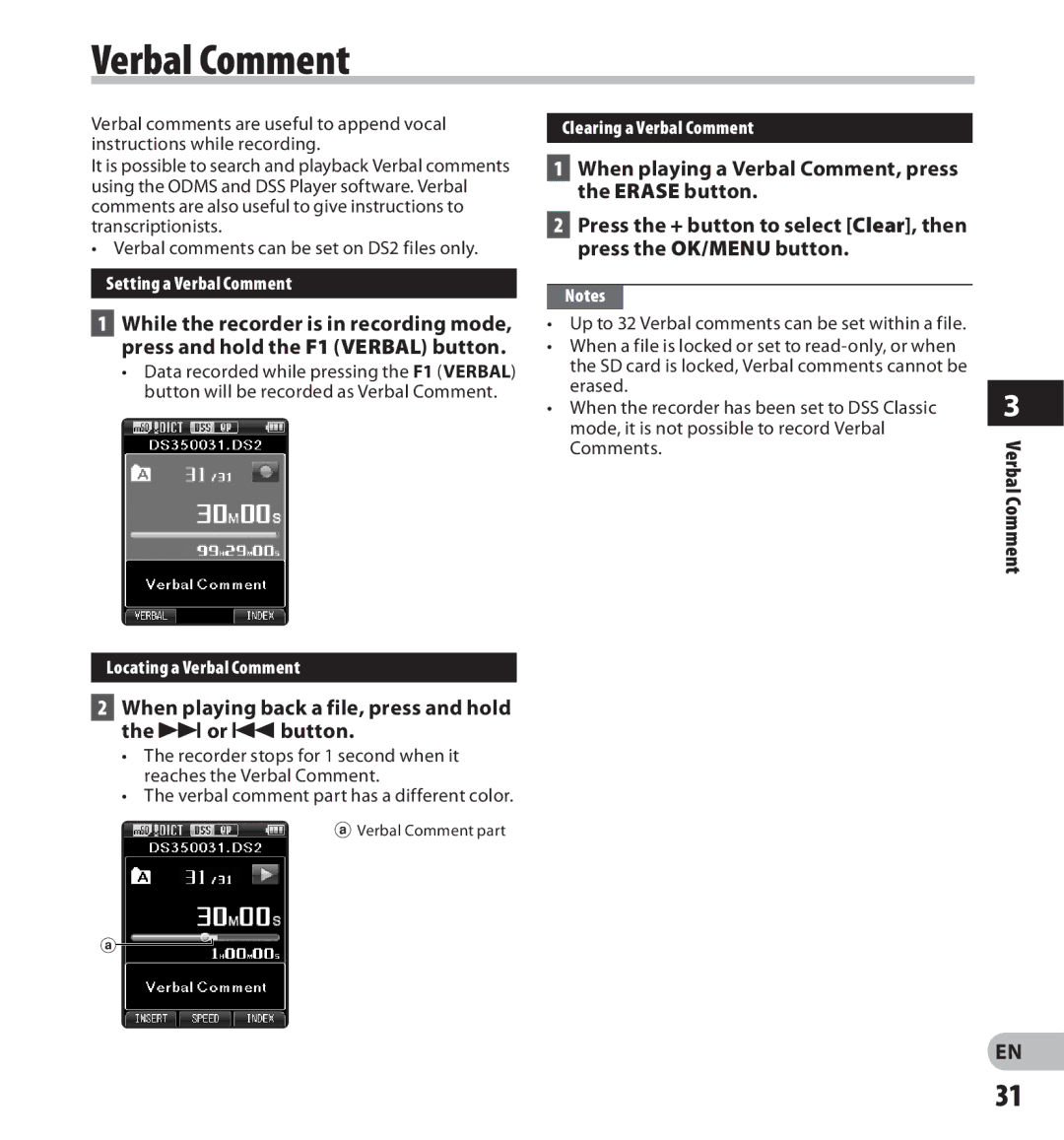 Olympus DS-3500 manual When playing a Verbal Comment, press the Erase button 