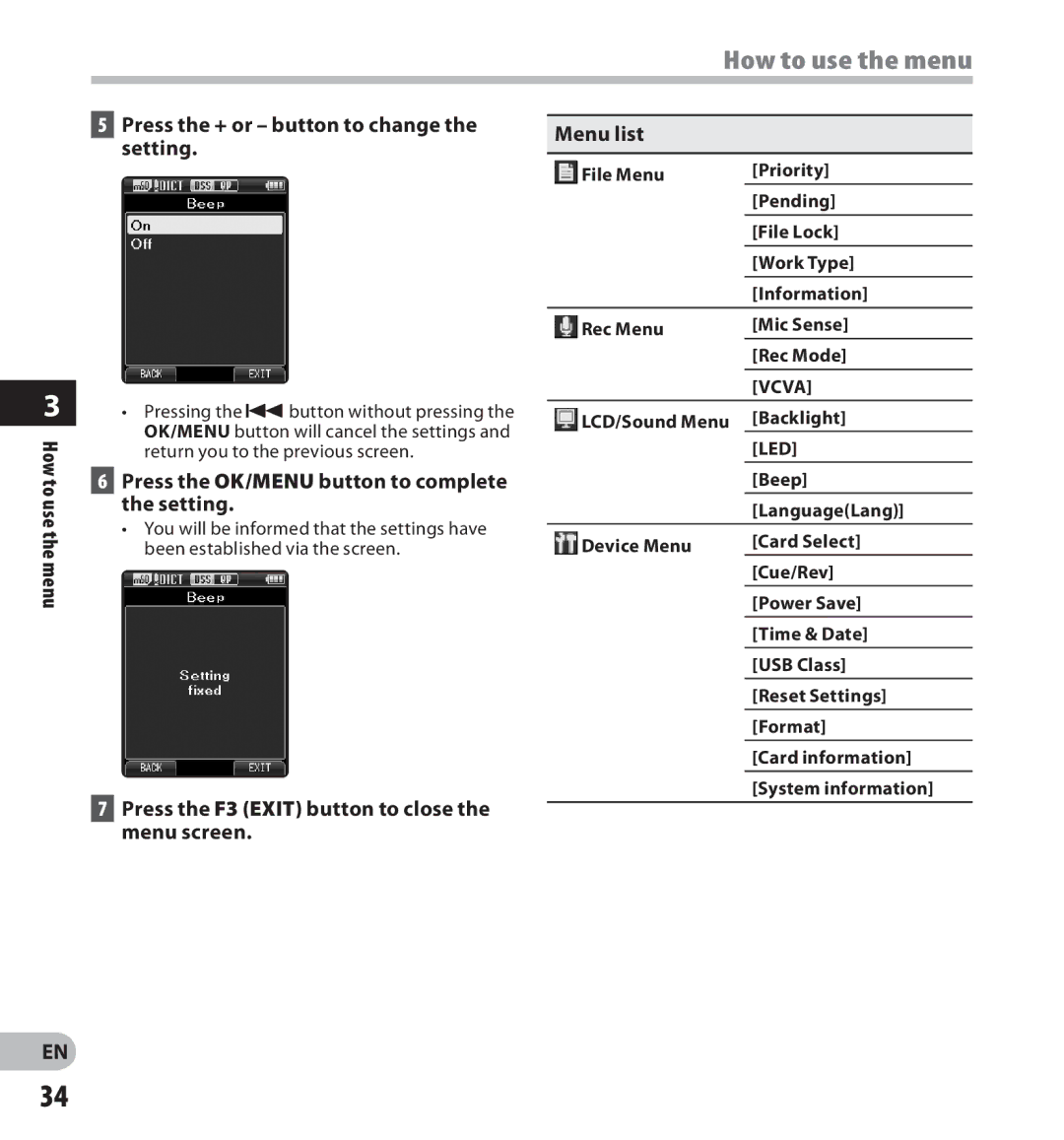Olympus DS-3500 manual How to use the menu, Menu list, LCD/Sound Menu Backlight, Beep, LanguageLang 