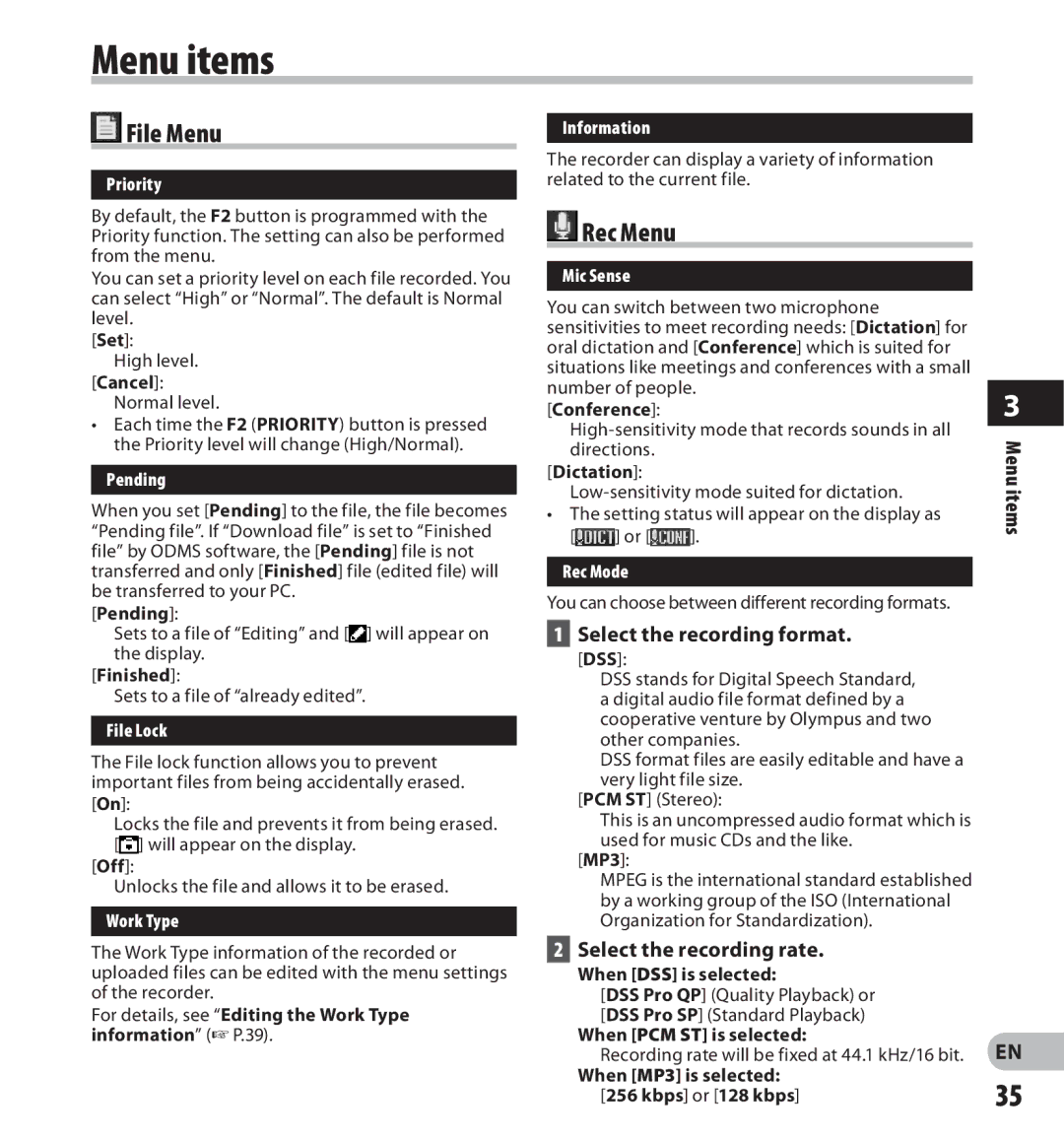 Olympus DS-3500 manual Menu items, File Menu, Rec Menu 