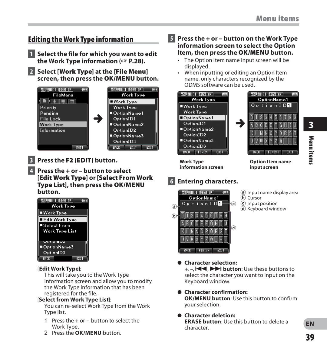 Olympus DS-3500 manual Editing the Work Type information, Entering characters 