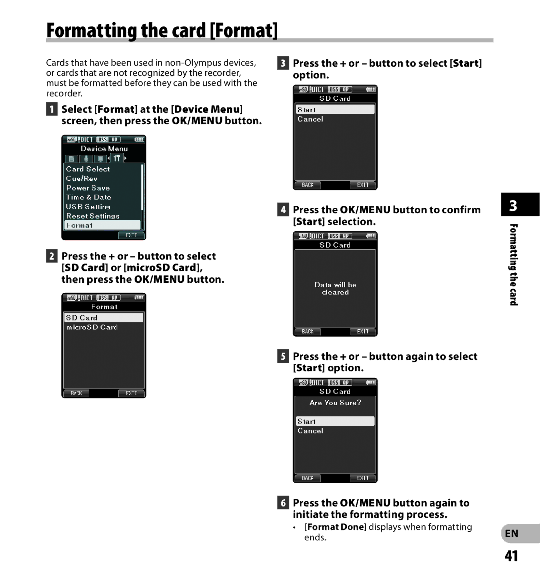 Olympus DS-3500 manual Formatting the card Format, Format Done displays when formatting ends 