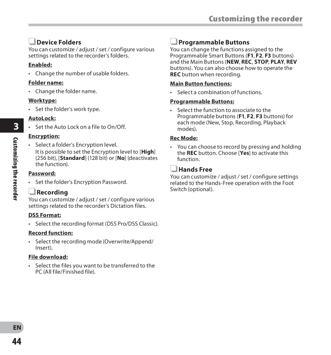 Olympus DS-3500 manual Customizing the recorder Device Folders, Programmable Buttons, Hands Free 