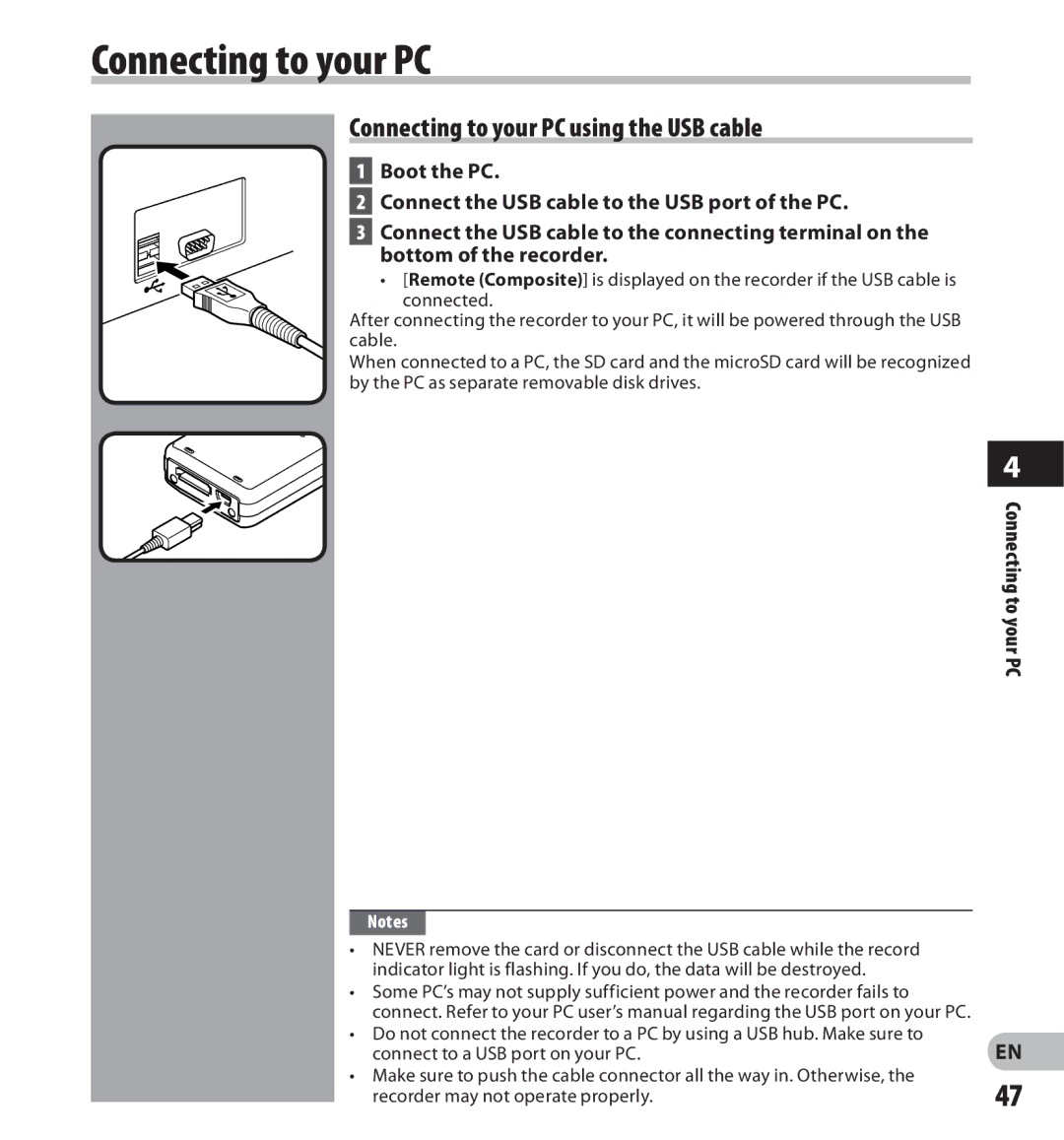 Olympus DS-3500 manual Connecting to your PC using the USB cable 