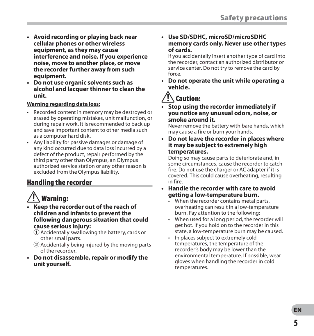 Olympus DS-3500 manual Safety precautions, Handling the recorder, Do not operate the unit while operating a vehicle 