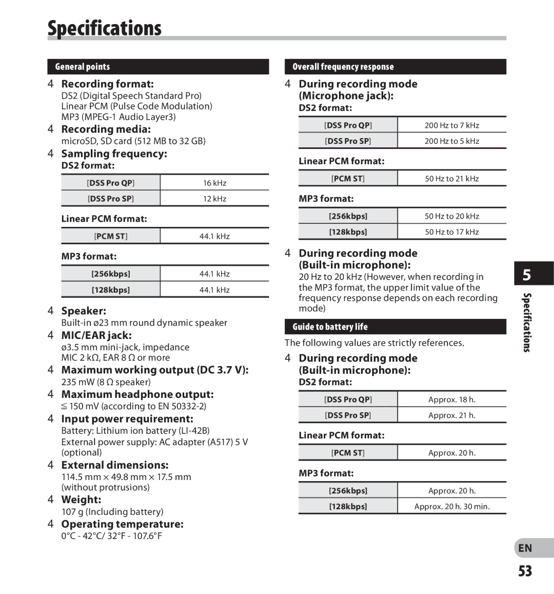 Olympus DS-3500 manual Specifications 