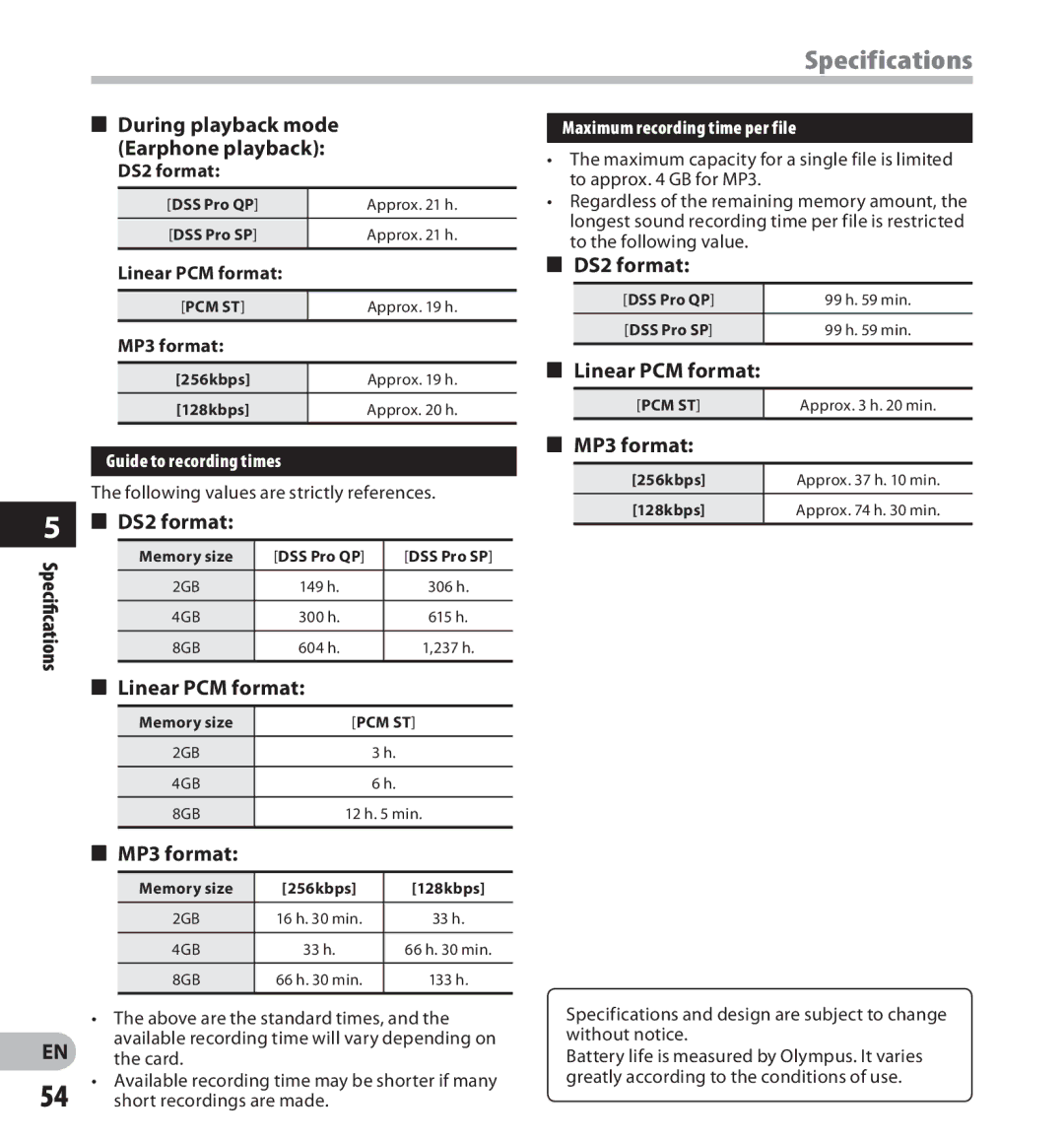 Olympus DS-3500 manual Specifications, DS2 format, Linear PCM format, MP3 format 