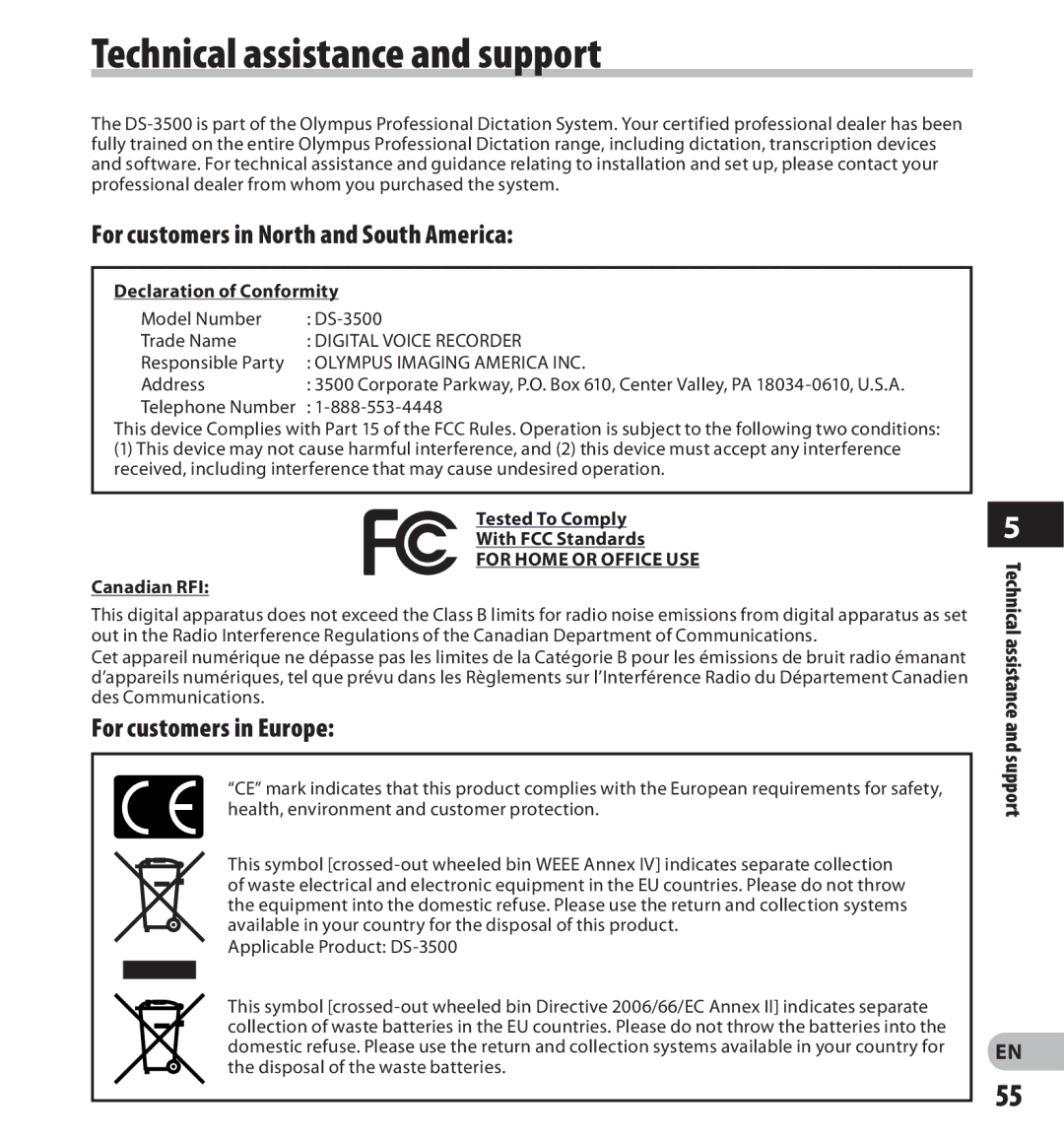 Olympus DS-3500 manual Technical assistance and support, For customers in North and South America, For customers in Europe 