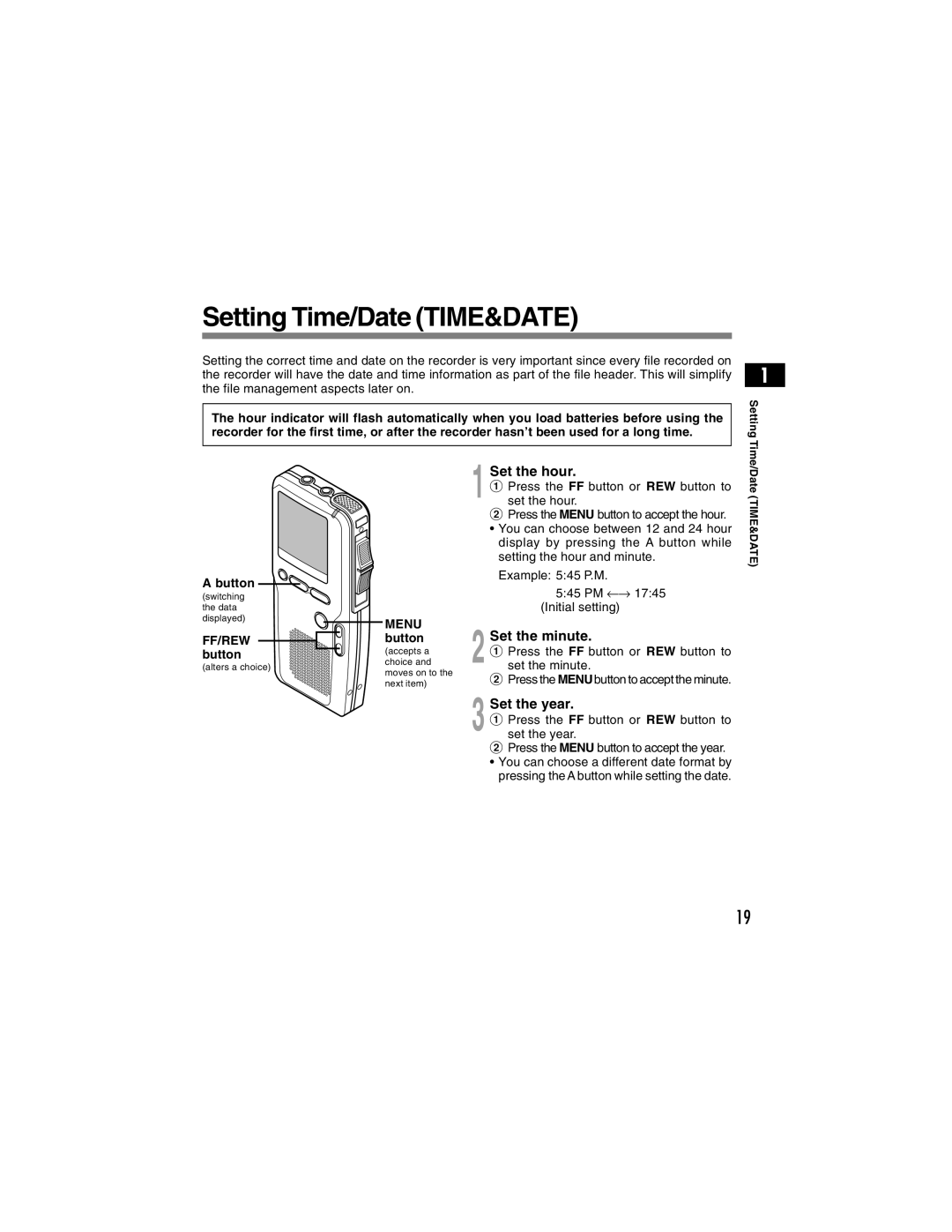 Olympus DS-4000 manual Setting Time/Date TIME&DATE, Set the hour, Set the minute, Set the year 