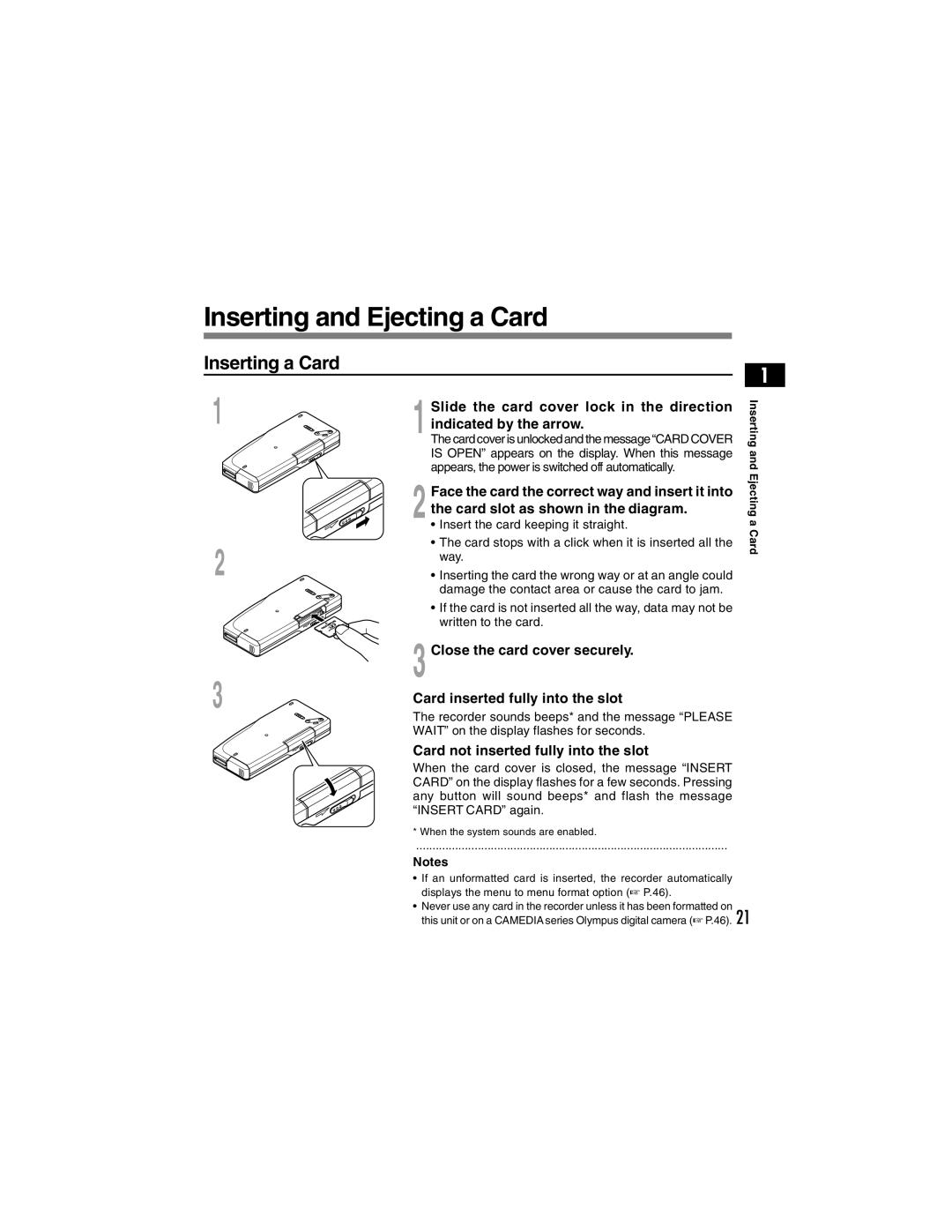 Olympus DS-4000 manual Inserting and Ejecting a Card, Inserting a Card 