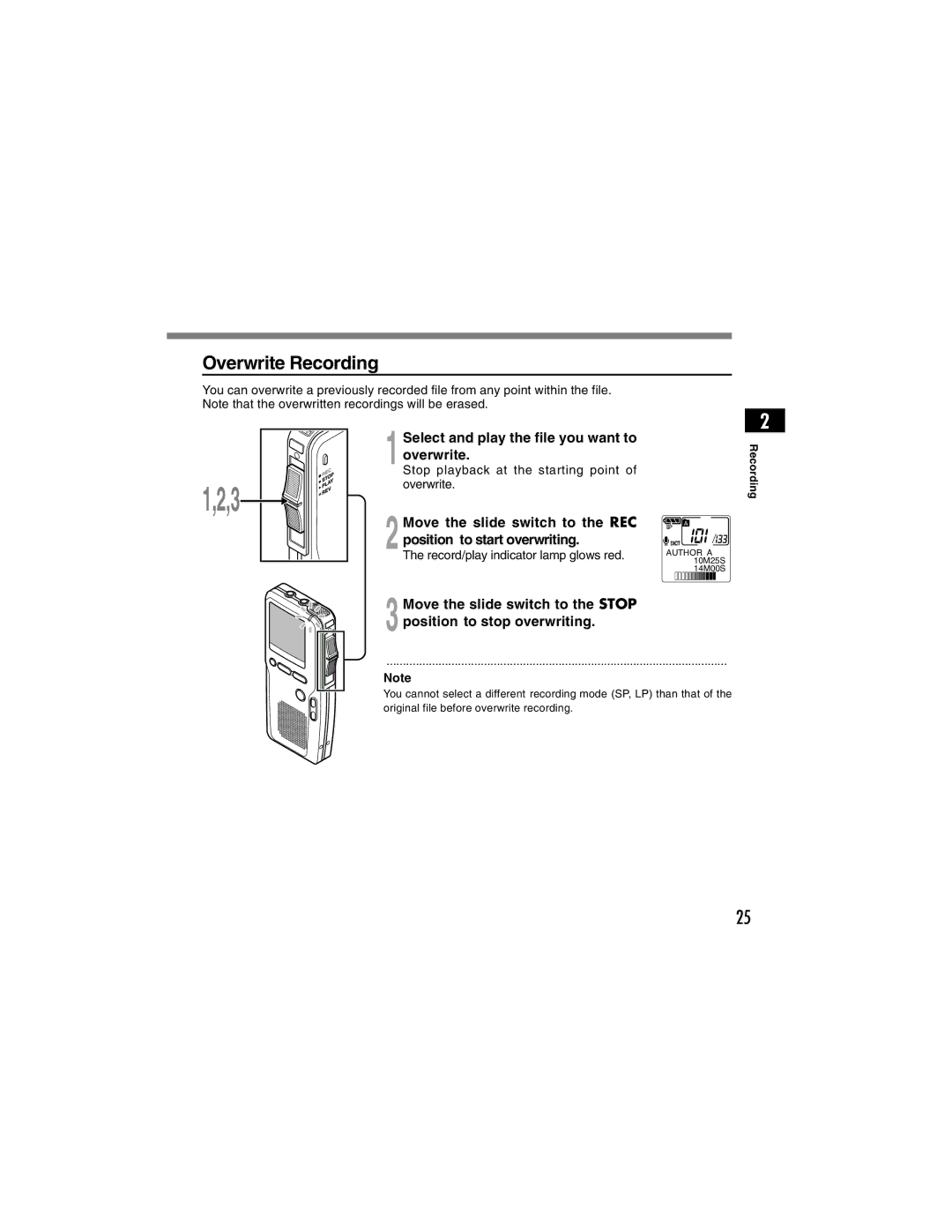 Olympus DS-4000 manual Overwrite Recording, Select and play the file you want to, Position to start overwriting 