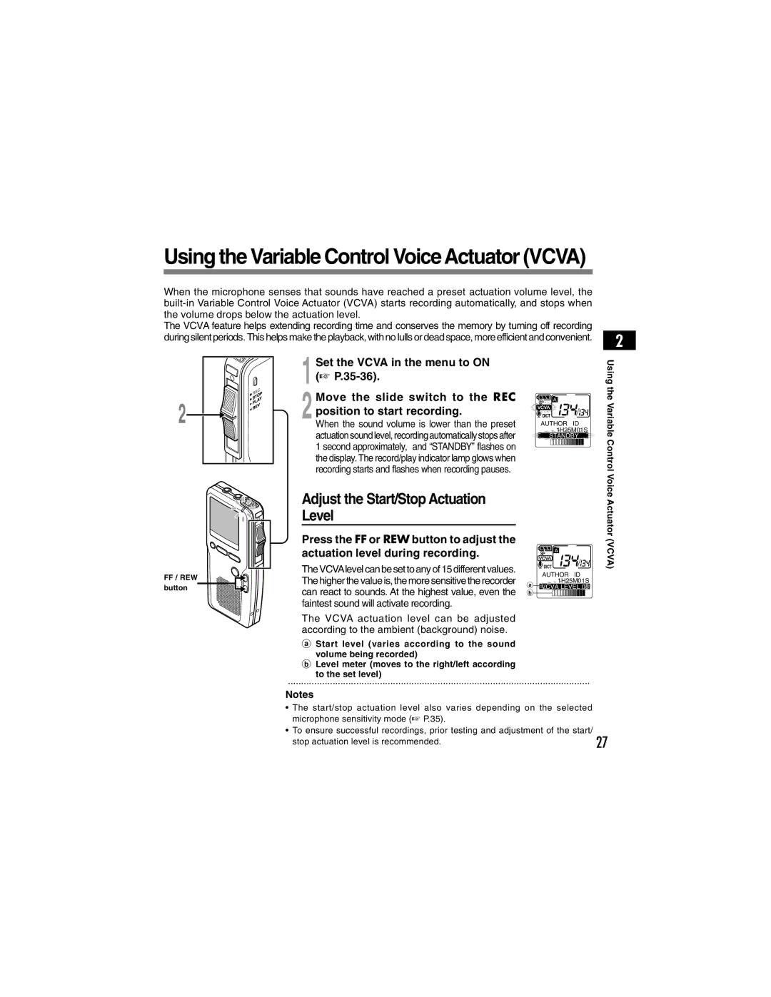 Olympus DS-4000 manual Using the Variable Control Voice Actuator Vcva, Adjust the Start/Stop Actuation Level 