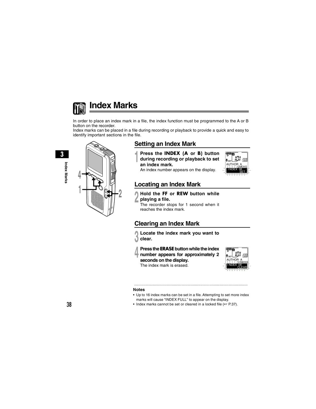 Olympus DS-4000 manual Index Marks, Setting an Index Mark, Locating an Index Mark, Clearing an Index Mark 