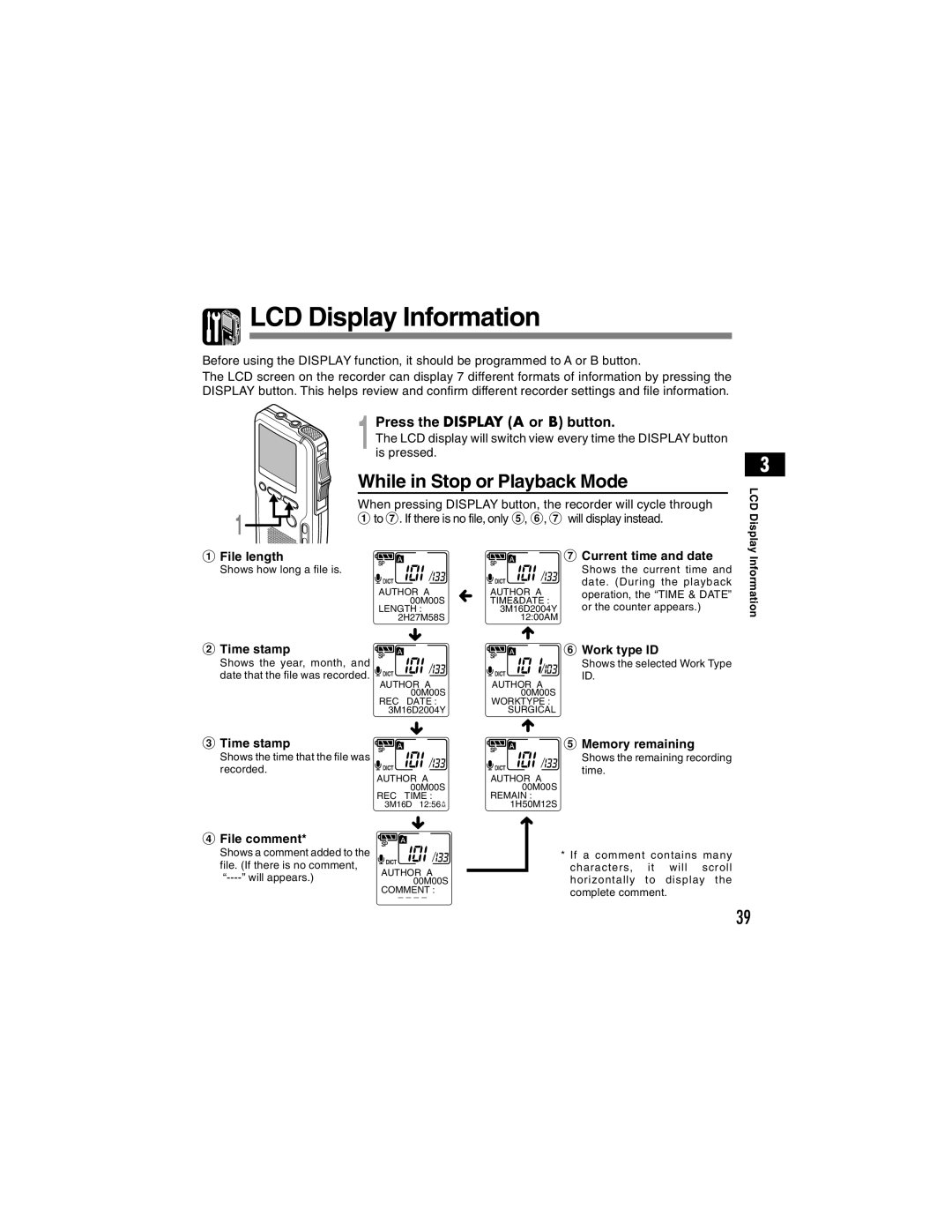 Olympus DS-4000 manual LCD Display Information, While in Stop or Playback Mode, Press the Display a or B button 