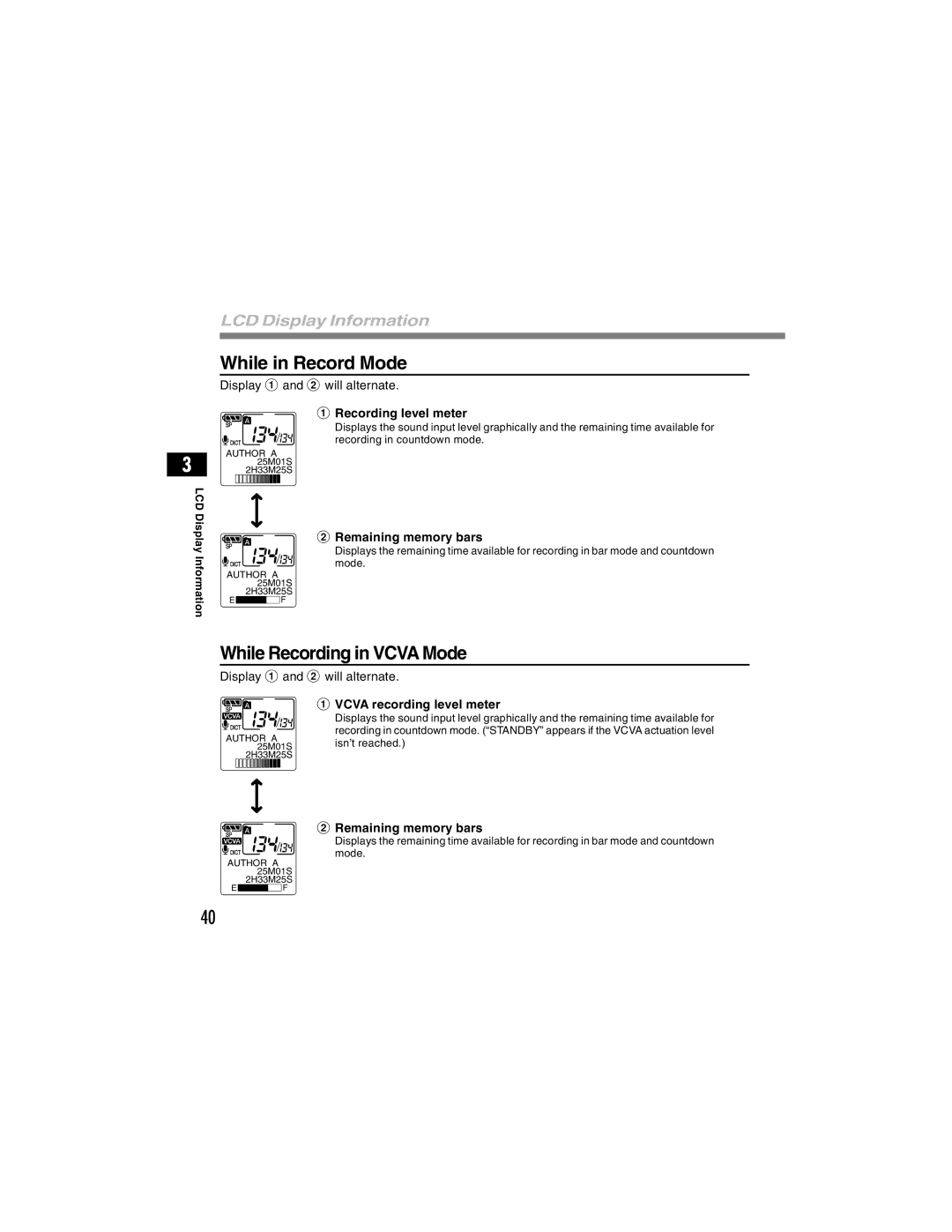 Olympus DS-4000 manual While in Record Mode, While Recording in Vcva Mode, Recording level meter, Remaining memory bars 