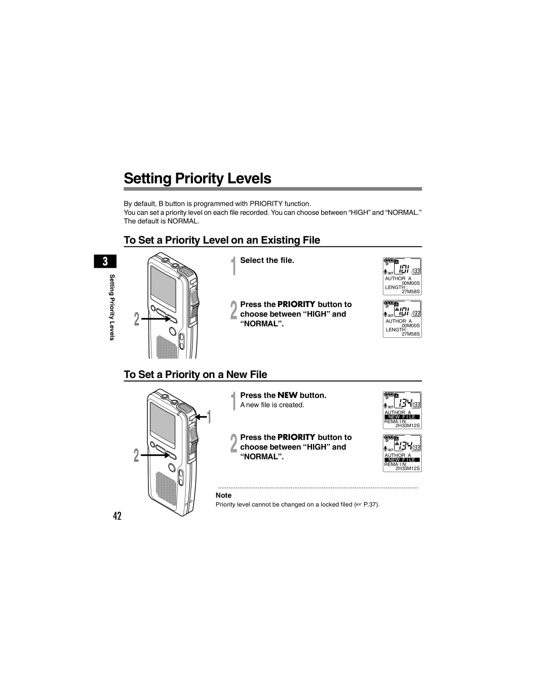 Olympus DS-4000 Setting Priority Levels, Press the NEW button, Press the Priority button to choose between High and Normal 