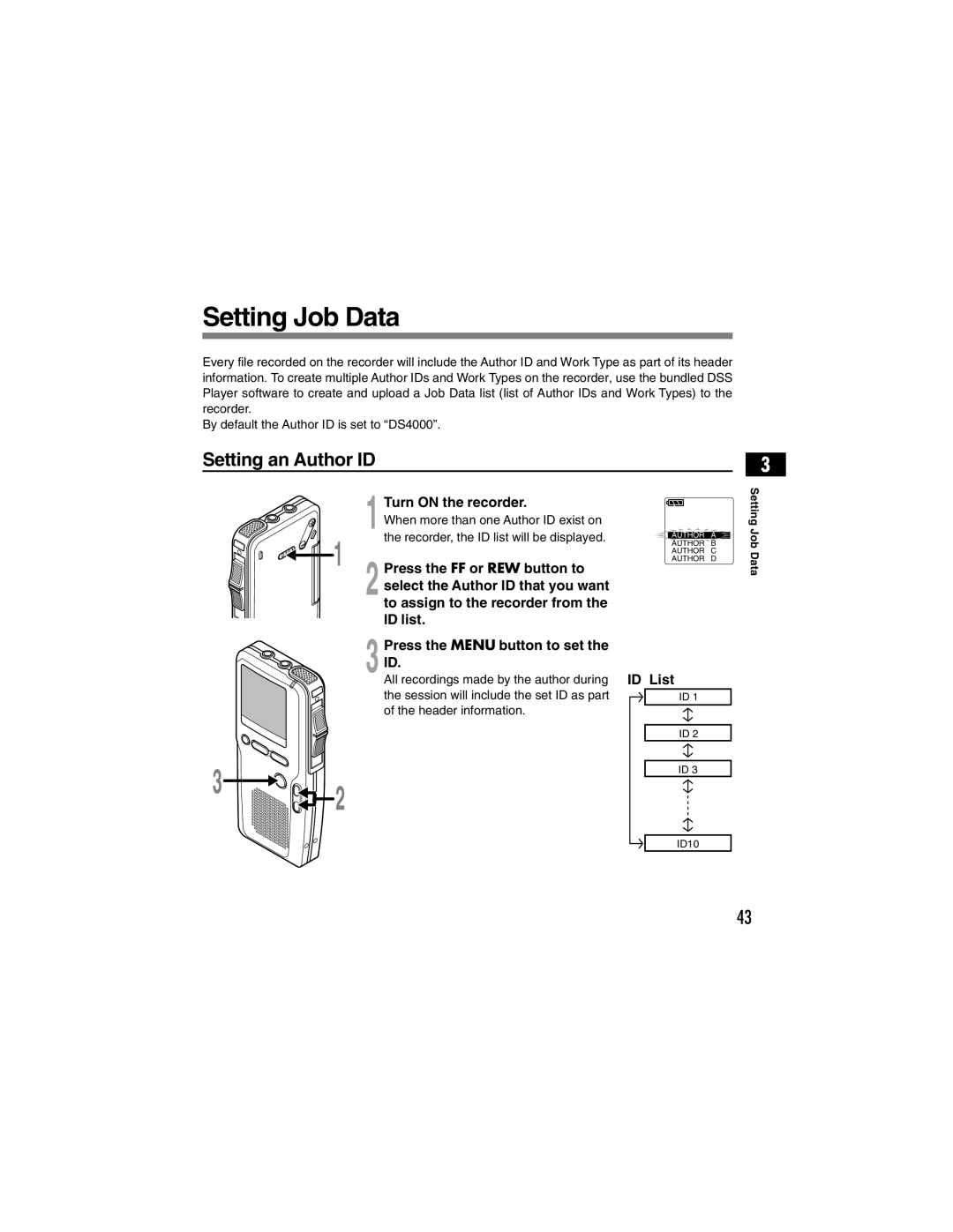 Olympus DS-4000 manual Setting Job Data, Setting an Author ID, Turn on the recorder, ID List 