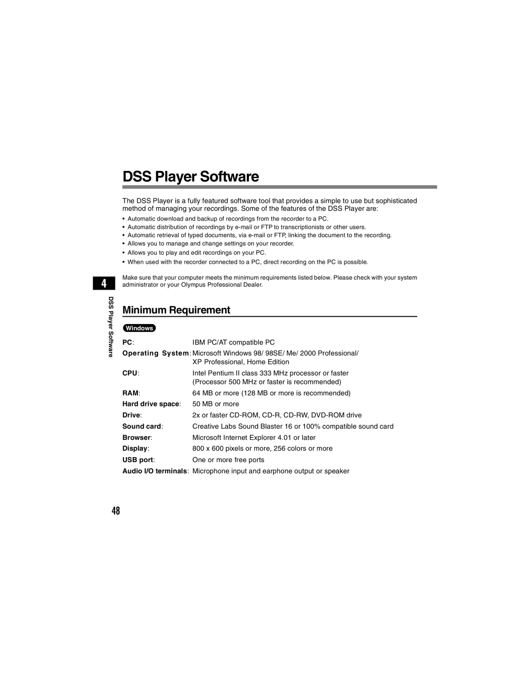 Olympus DS-4000 manual DSS Player Software, Minimum Requirement 