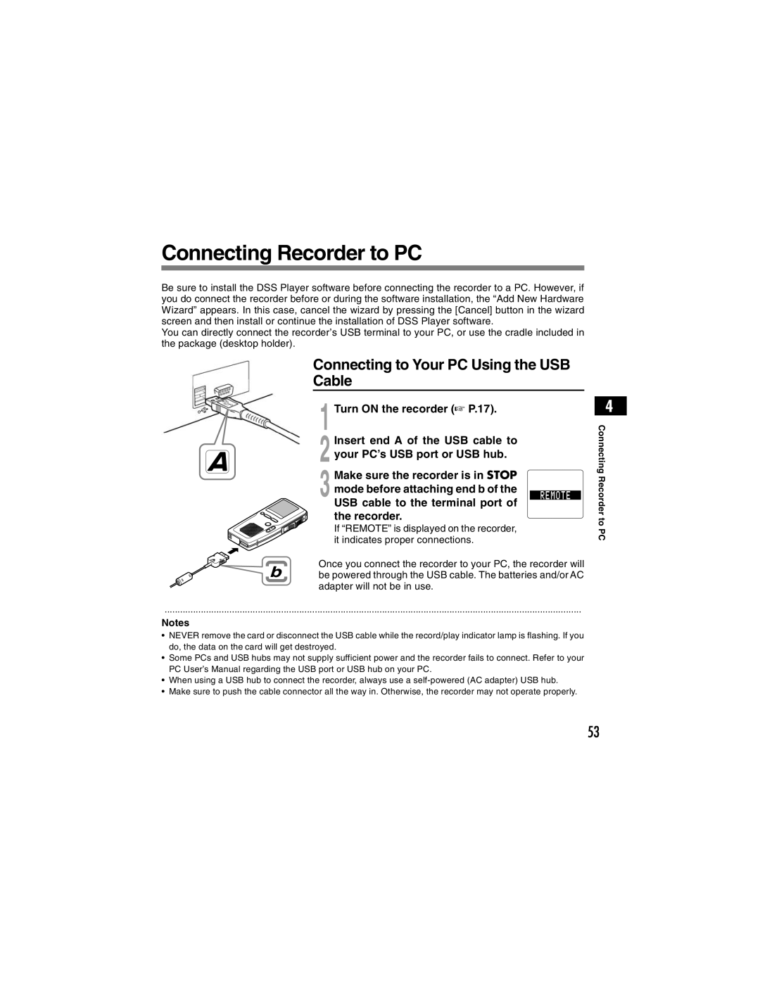 Olympus DS-4000 manual Connecting Recorder to PC, Connecting to Your PC Using the USB Cable 