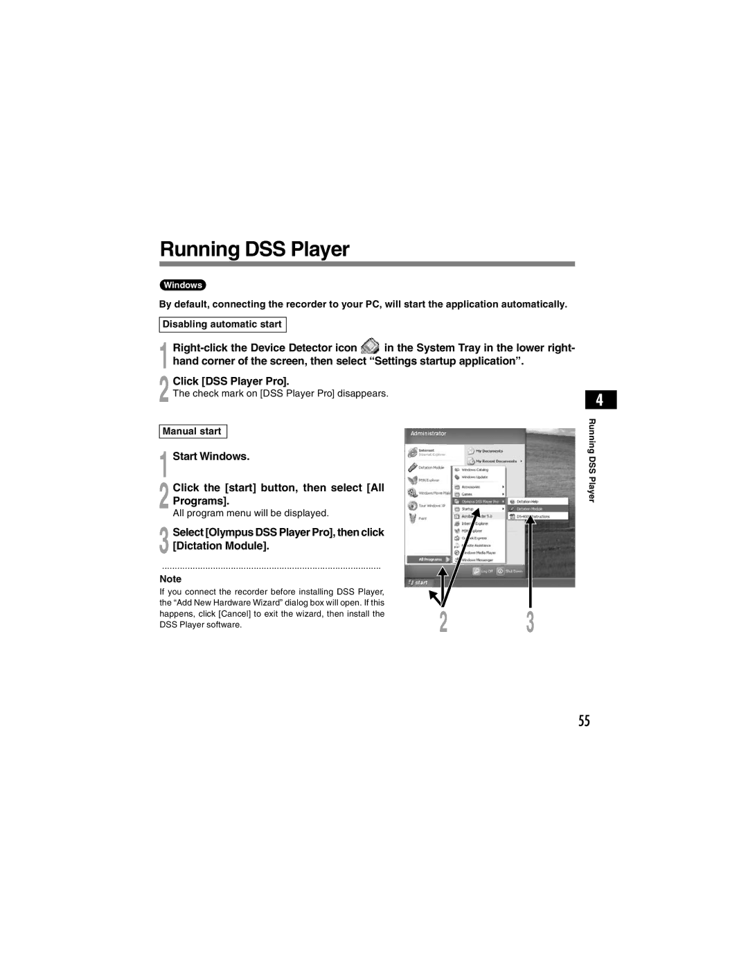 Olympus DS-4000 manual Running DSS Player, Select Olympus DSS Player Pro, then click Dictation Module, Manual start 