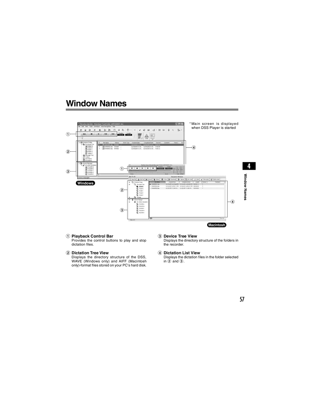 Olympus DS-4000 manual Window Names, Playback Control Bar Device Tree View, Dictation Tree View Dictation List View 