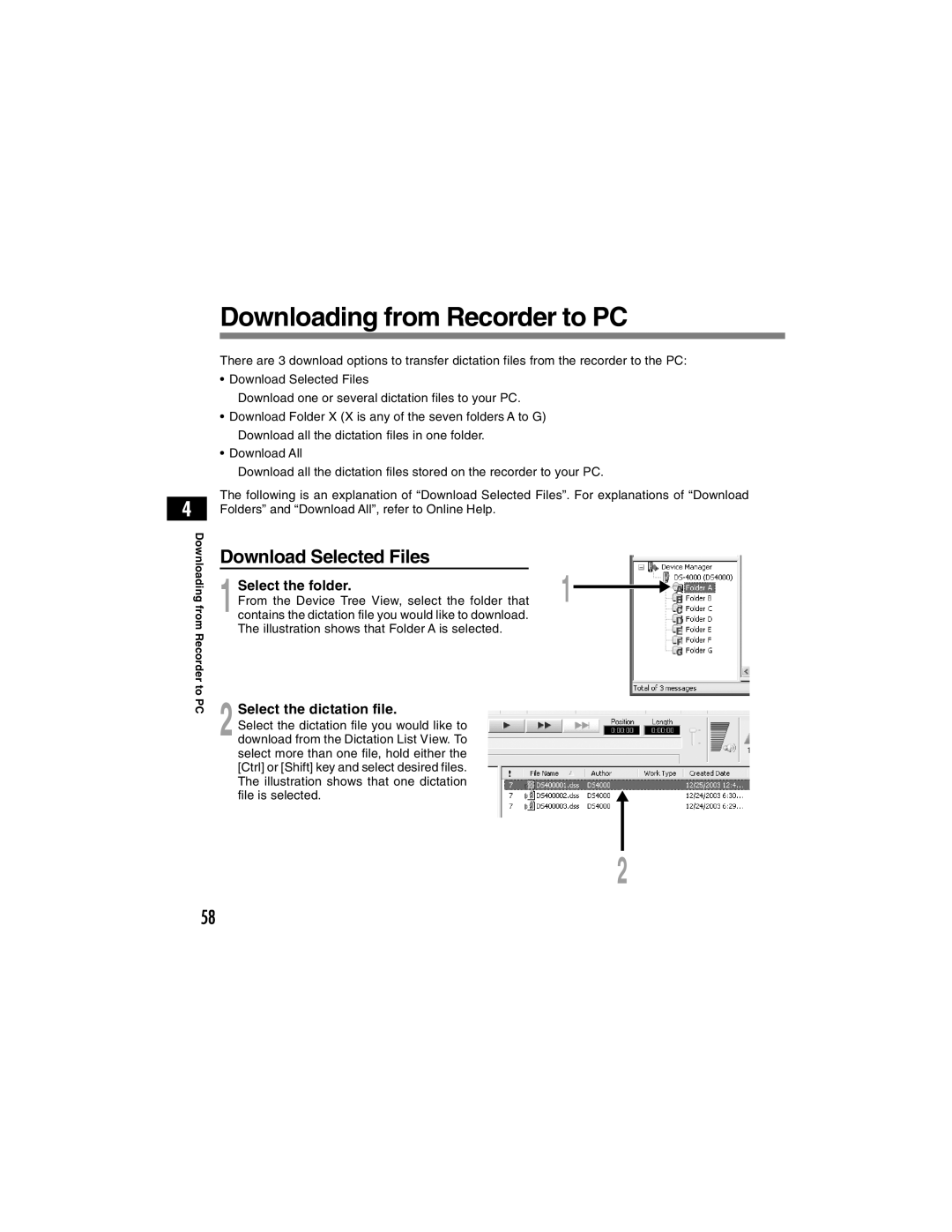 Olympus DS-4000 Downloading from Recorder to PC, Download Selected Files, Select the folder, Select the dictation file 