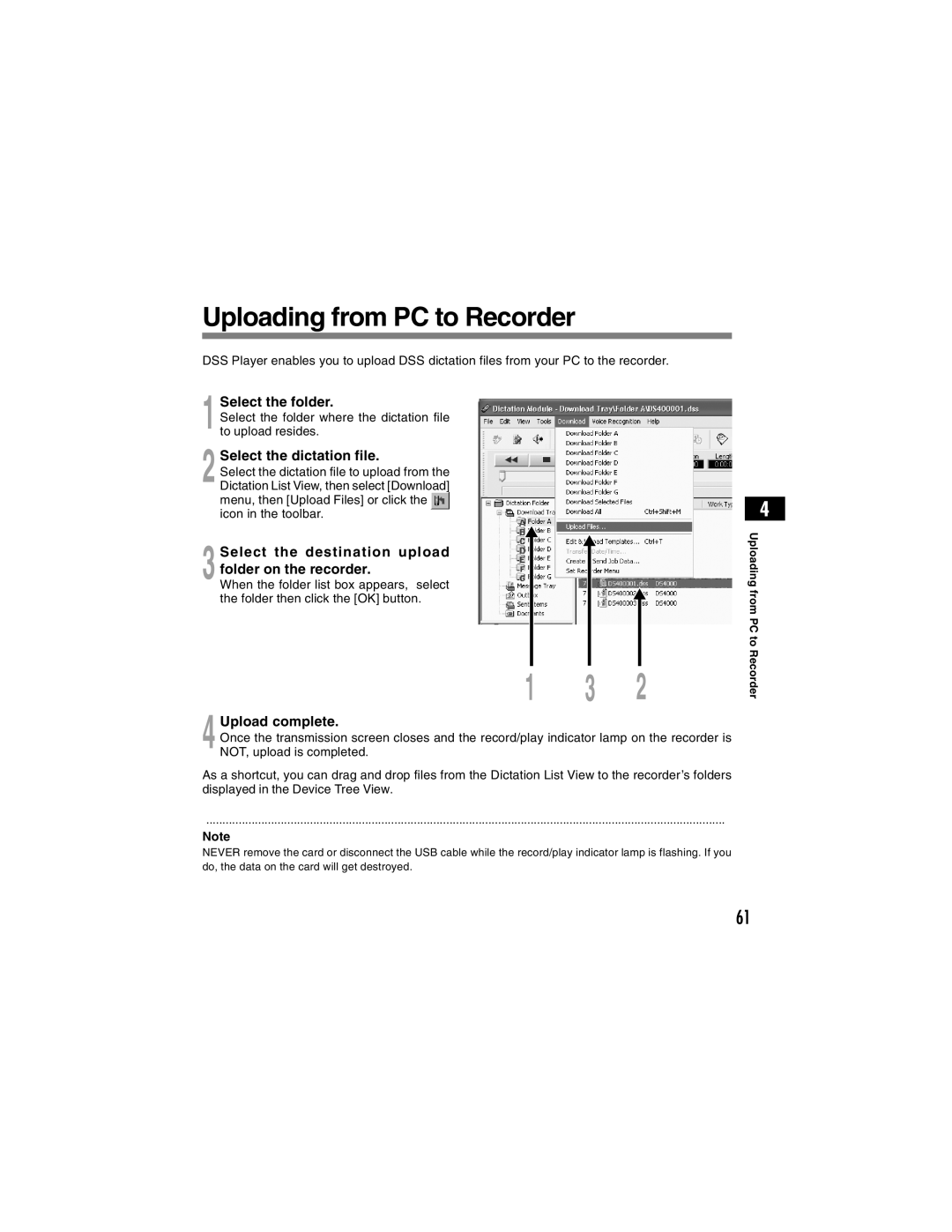 Olympus DS-4000 manual Uploading from PC to Recorder, Select the destination upload folder on the recorder, Upload complete 