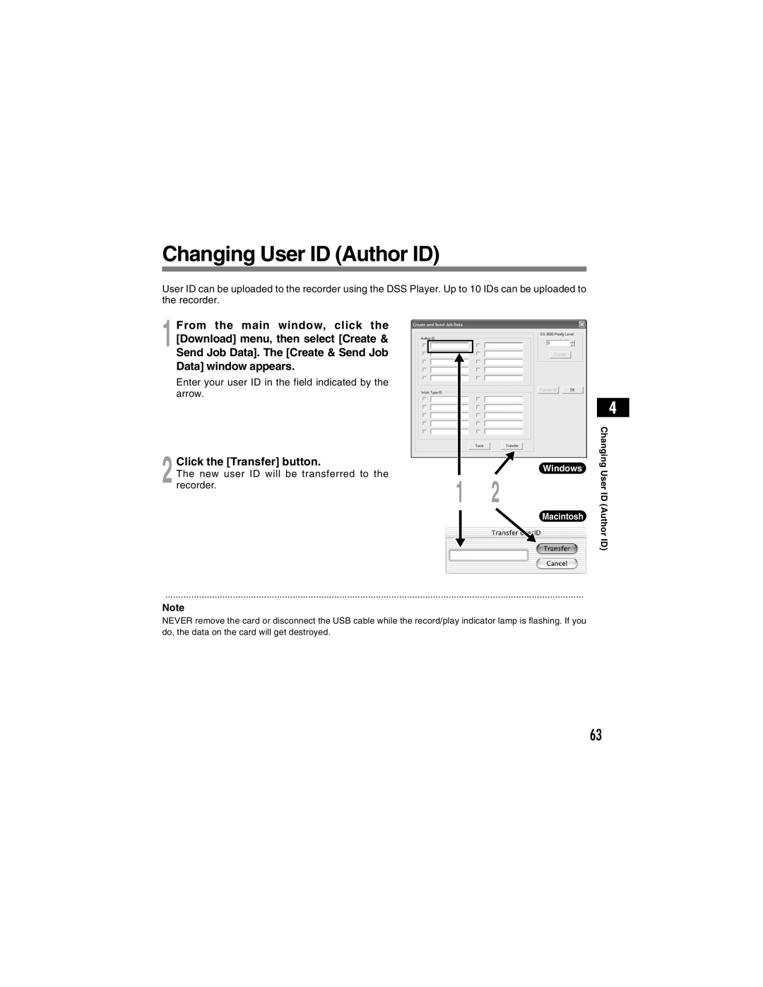 Olympus DS-4000 manual Changing User ID Author ID, Click the Transfer button 