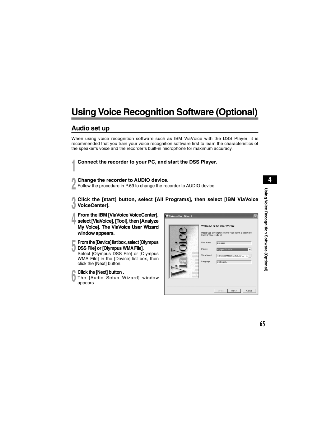 Olympus DS-4000 manual Audio set up, Click the Next button, Using Voice Recognition Software Optional 