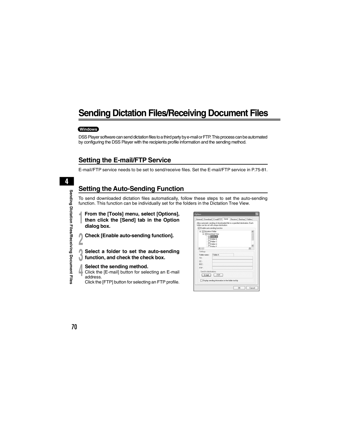 Olympus DS-4000 manual Sending Dictation Files/Receiving Document Files, Setting the E-mail/FTP Service 