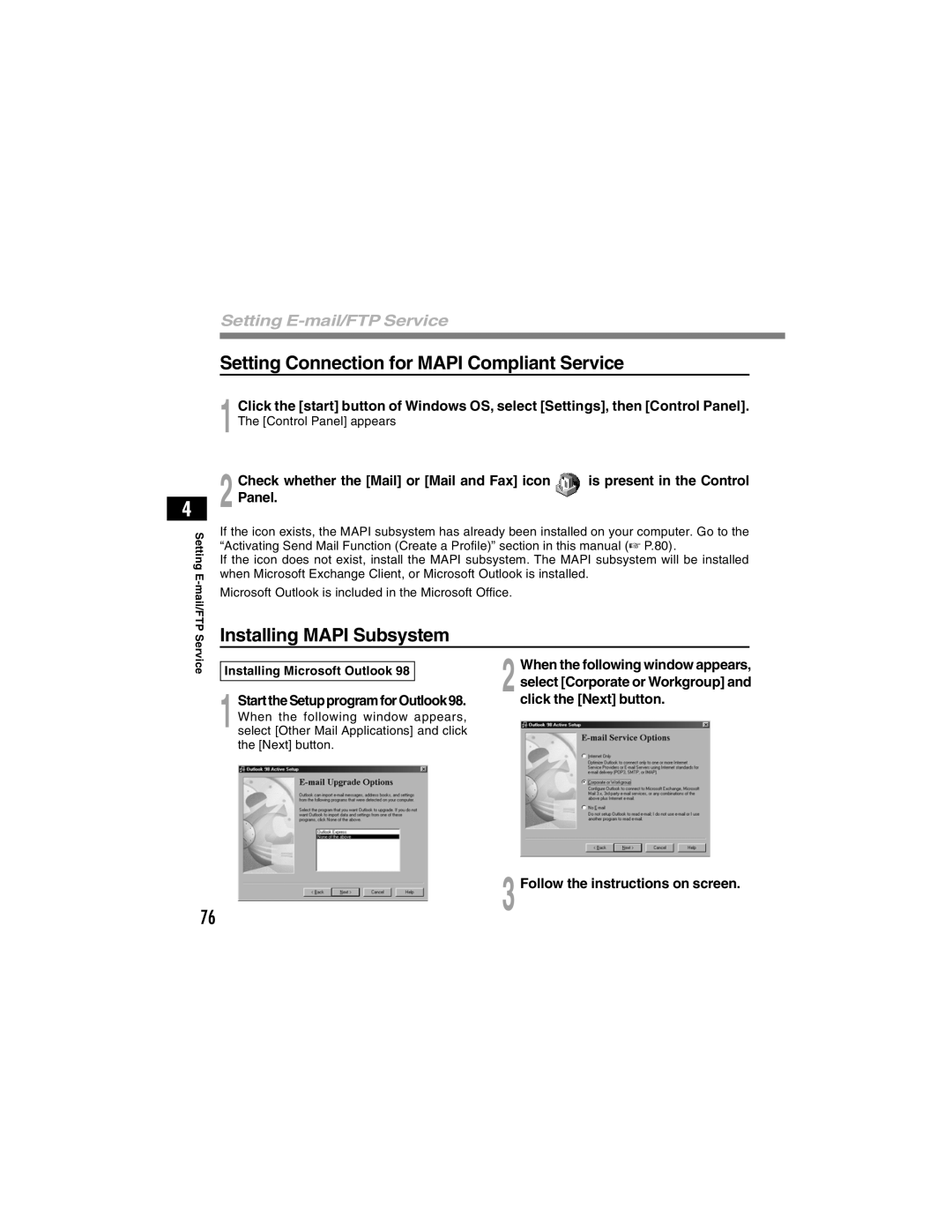 Olympus DS-4000 manual Setting Connection for Mapi Compliant Service, Installing Mapi Subsystem 