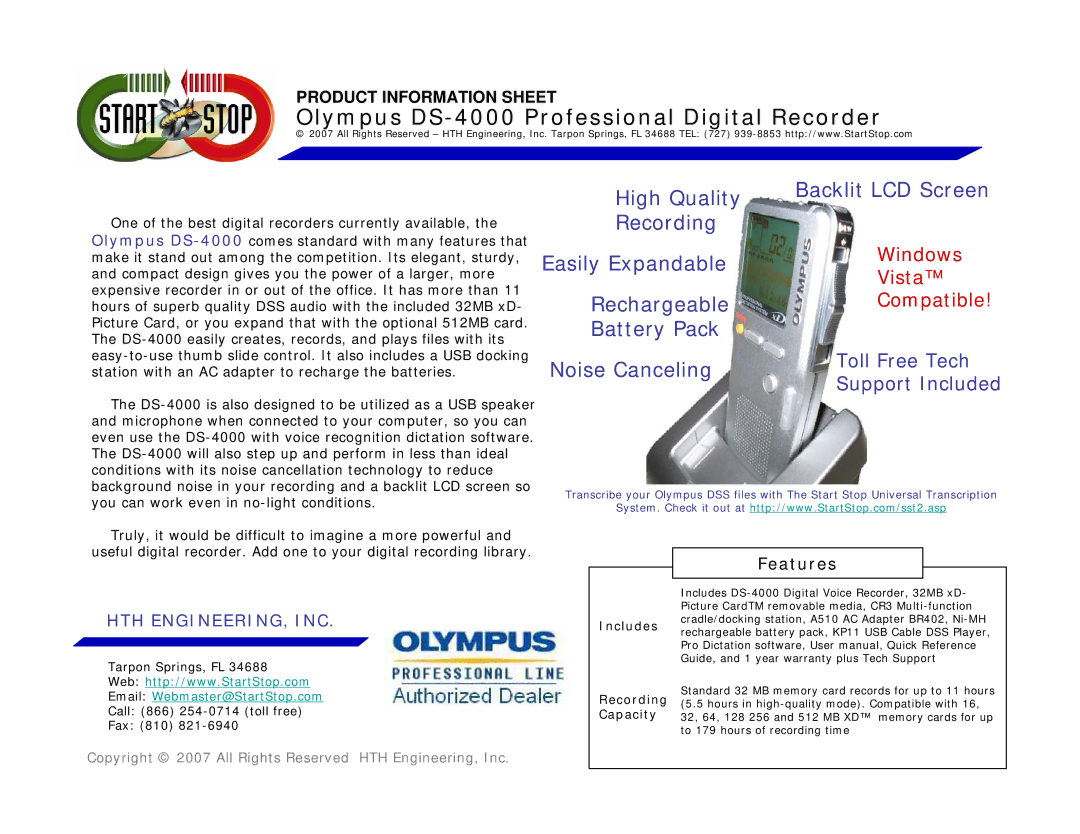 Olympus DS-4000 user manual Includes, Recording, Capacity 