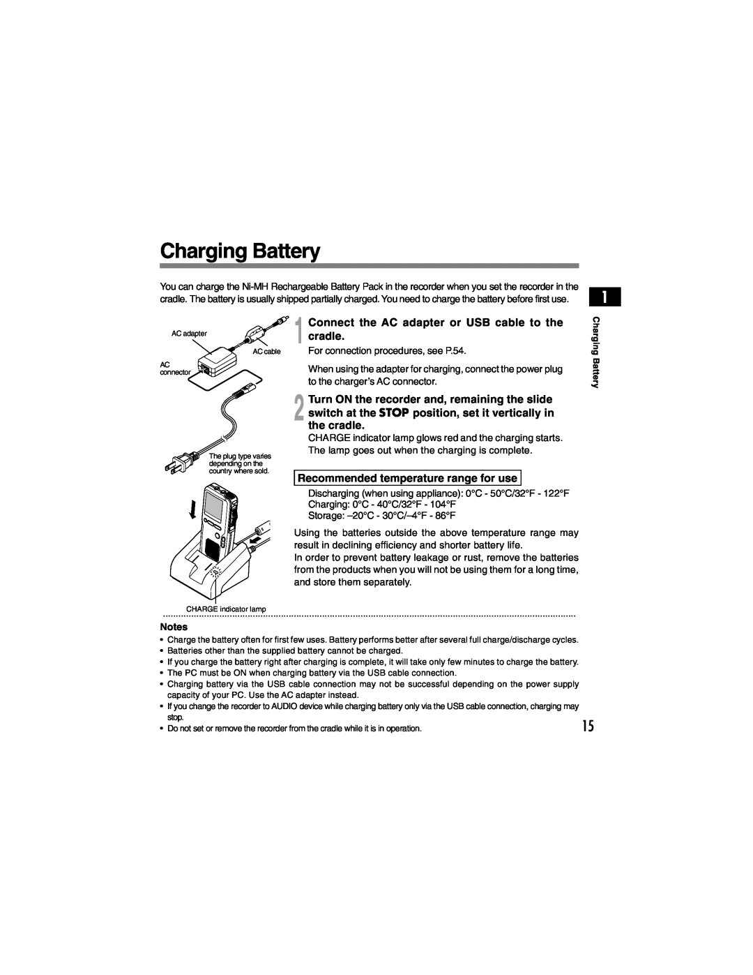 Olympus DS-4000 Charging Battery, Connect the AC adapter or USB cable to the cradle, Recommended temperature range for use 
