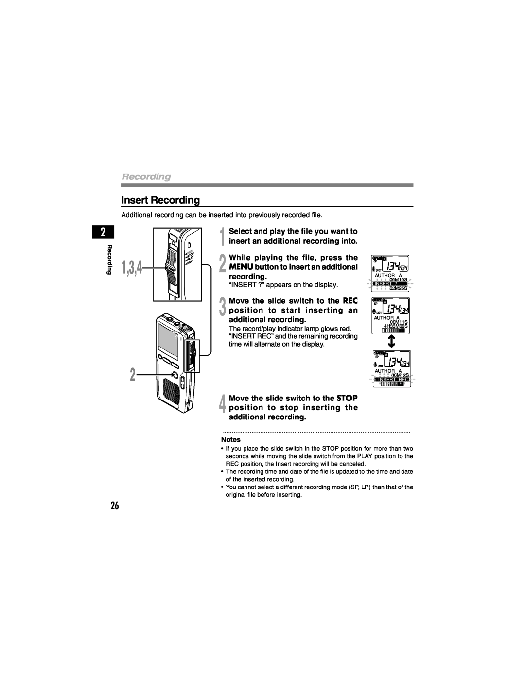 Olympus DS-4000 manual Insert Recording, 1,3,4 