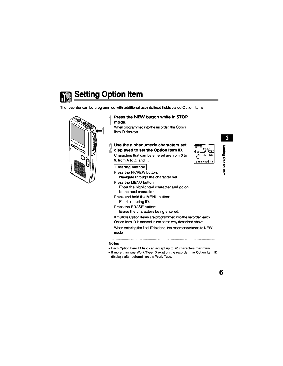 Olympus DS-4000 manual Setting Option Item, Press the NEW button while in STOP mode, Entering method 