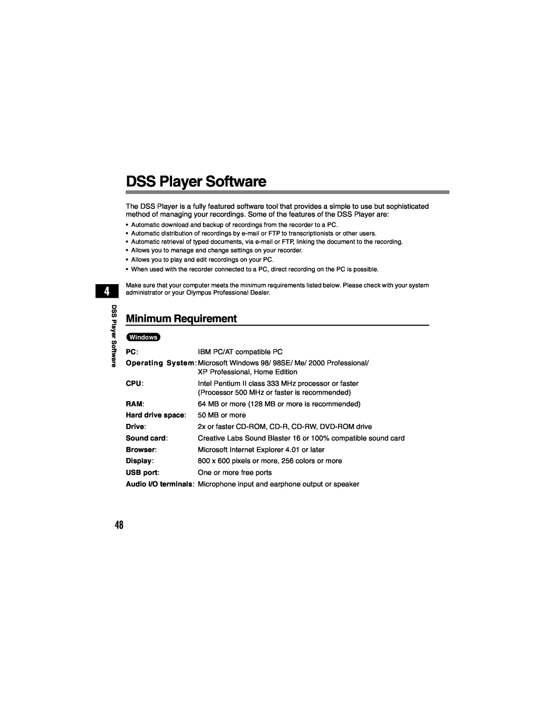Olympus DS-4000 manual DSS Player Software, Minimum Requirement 