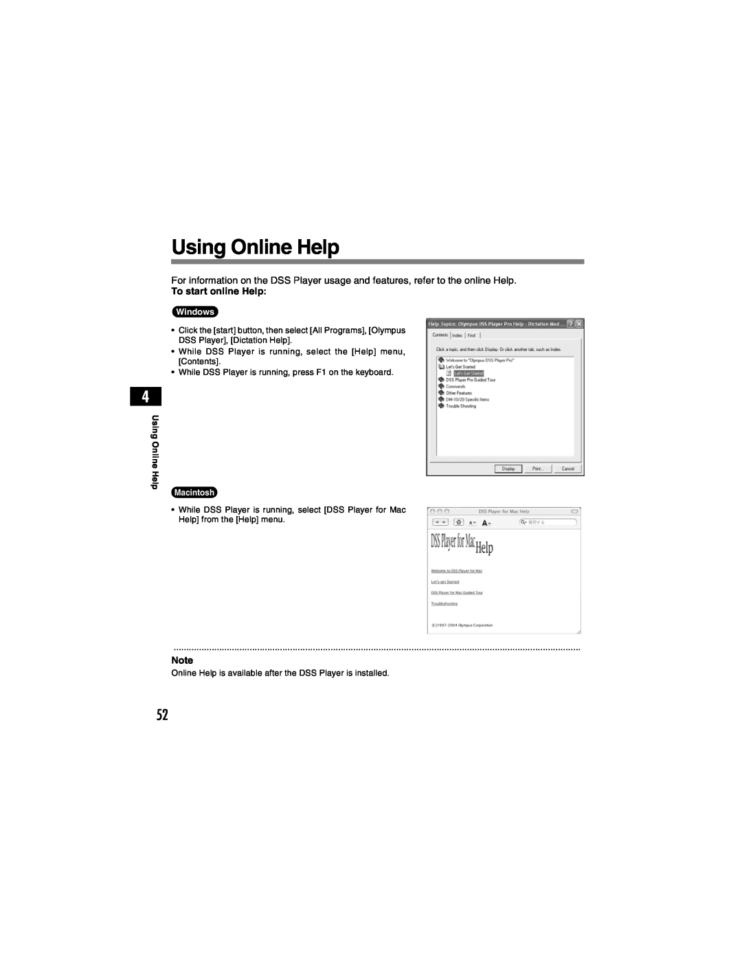 Olympus DS-4000 manual Using Online Help, To start online Help, Windows, Macintosh 
