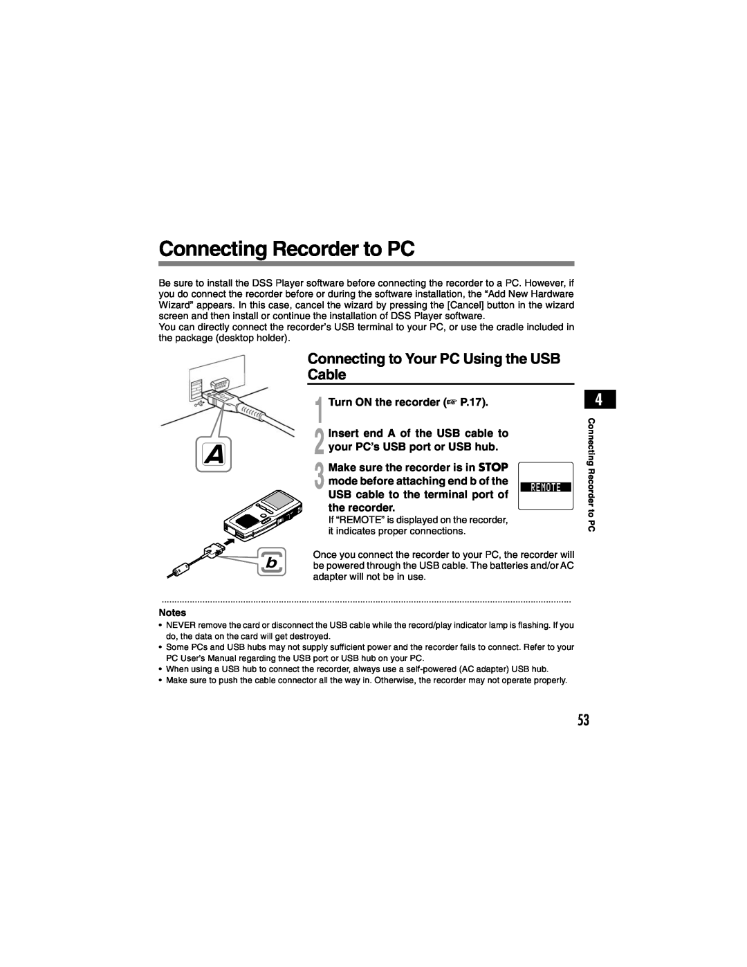 Olympus DS-4000 manual Connecting Recorder to PC, Connecting to Your PC Using the USB Cable, Turn ON the recorder P.17 