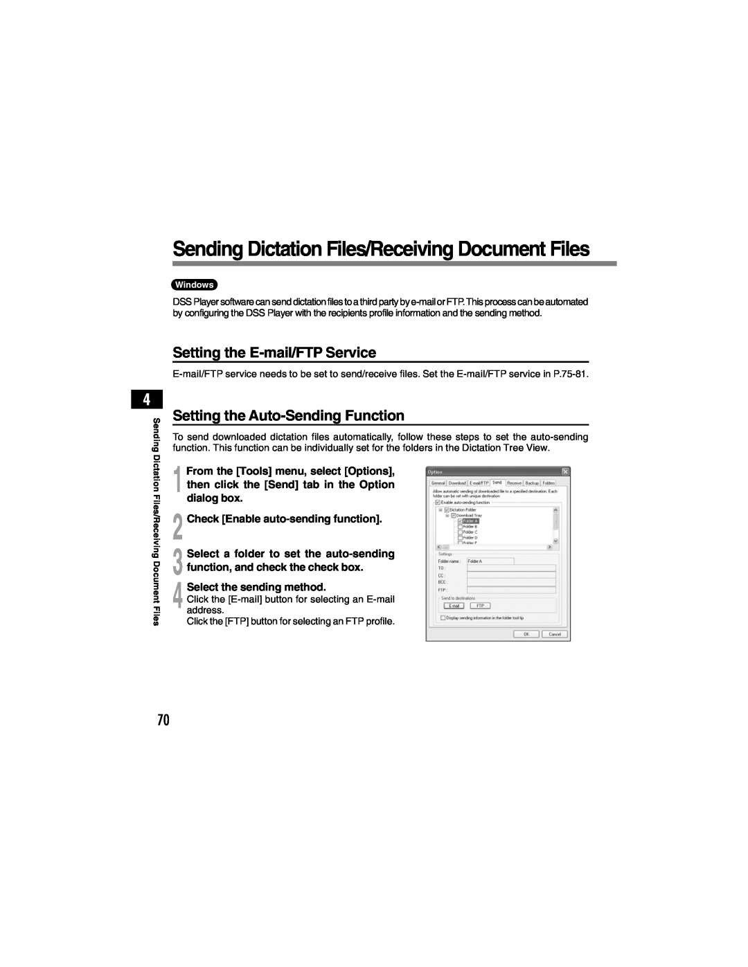 Olympus DS-4000 manual Sending Dictation Files/Receiving Document Files, Setting the E-mail/FTP Service 