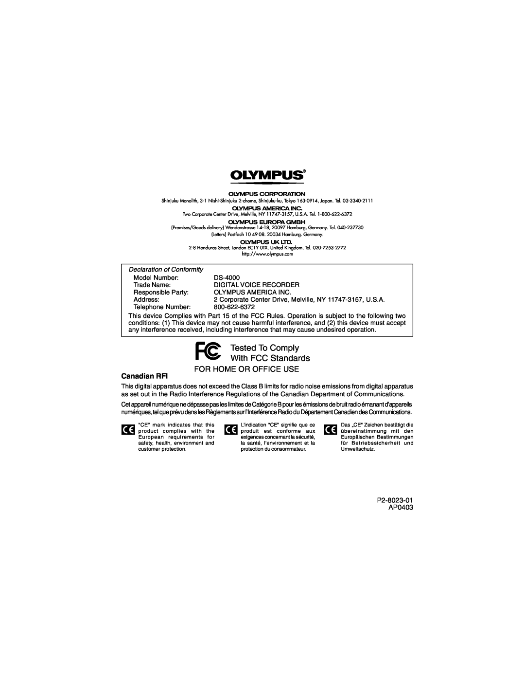 Olympus DS-4000 manual Tested To Comply With FCC Standards, Declaration of Conformity, Model Number, Trade Name, Address 