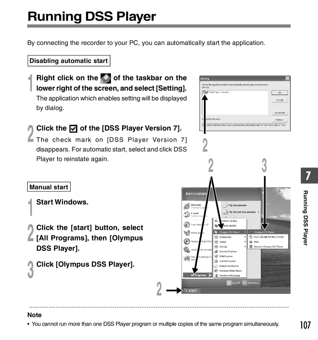 Olympus DS-40, DS-50, DS-30 manual Running DSS Player, 107, Disabling automatic start, Manual start 