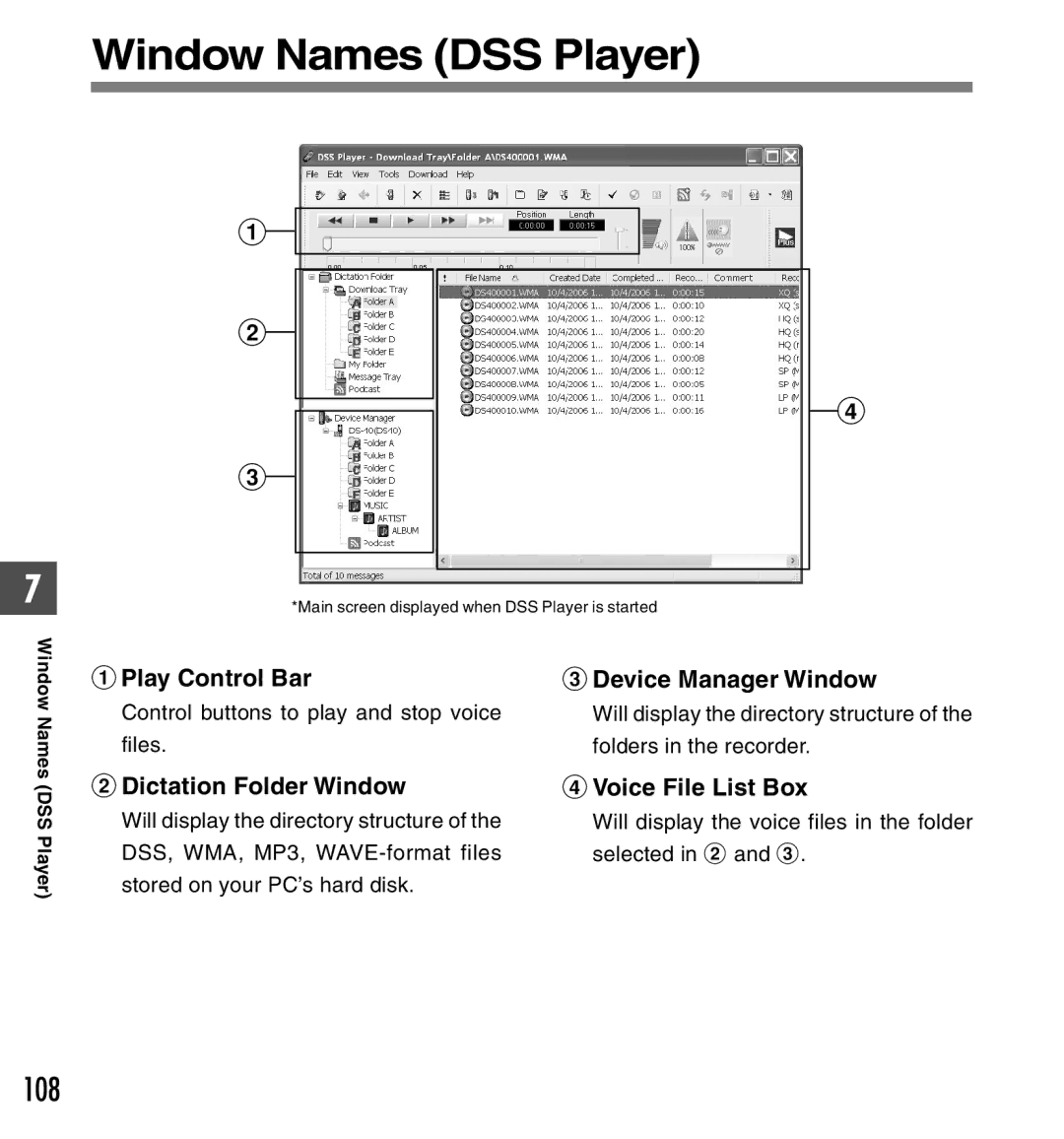 Olympus DS-50, DS-30 manual Window Names DSS Player, 108, 1Play Control Bar 3Device Manager Window, 2Dictation Folder Window 