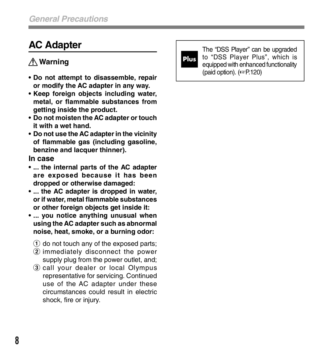 Olympus DS-40, DS-50, DS-30 manual Case, Do not moisten the AC adapter or touch it with a wet hand 