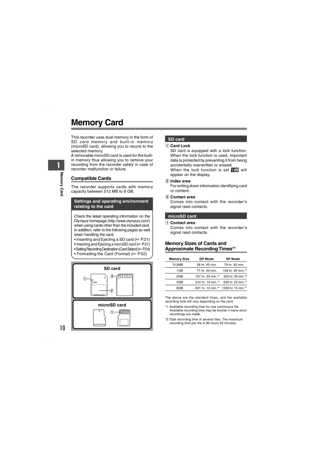 Olympus DS-5000iD manual Memory Card, Compatible Cards, Memory Sizes of Cards and Approximate Recording Times*1 