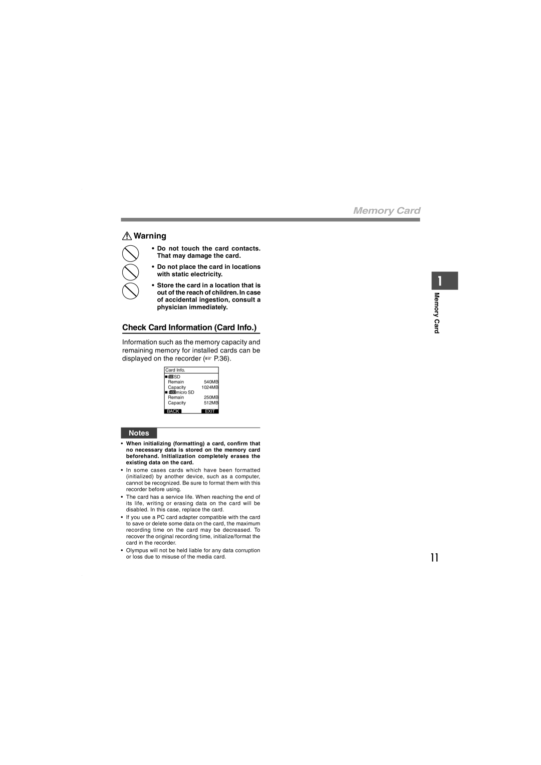 Olympus DS-5000iD manual Memory Card, Check Card Information Card Info 