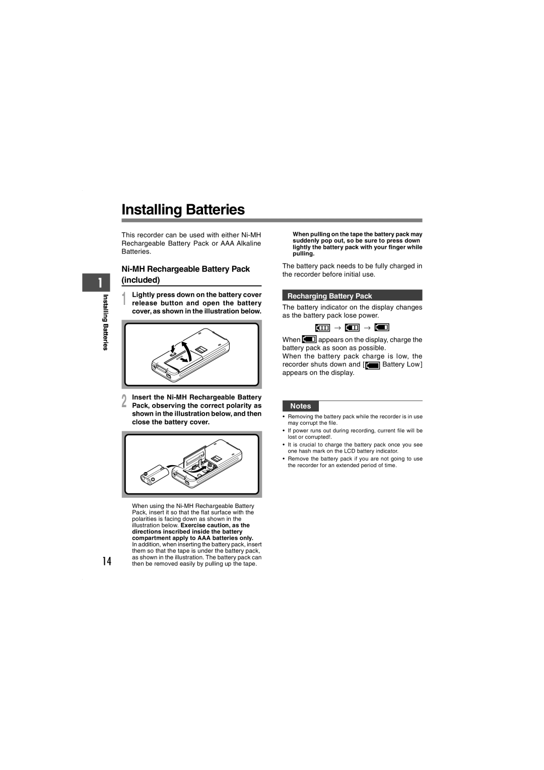 Olympus DS-5000iD manual Installing Batteries, Ni-MH Rechargeable Battery Pack included, Recharging Battery Pack 