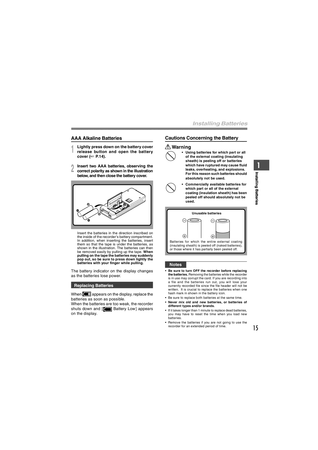 Olympus DS-5000iD manual Installing Batteries, AAA Alkaline Batteries, Replacing Batteries, Cover P.14 