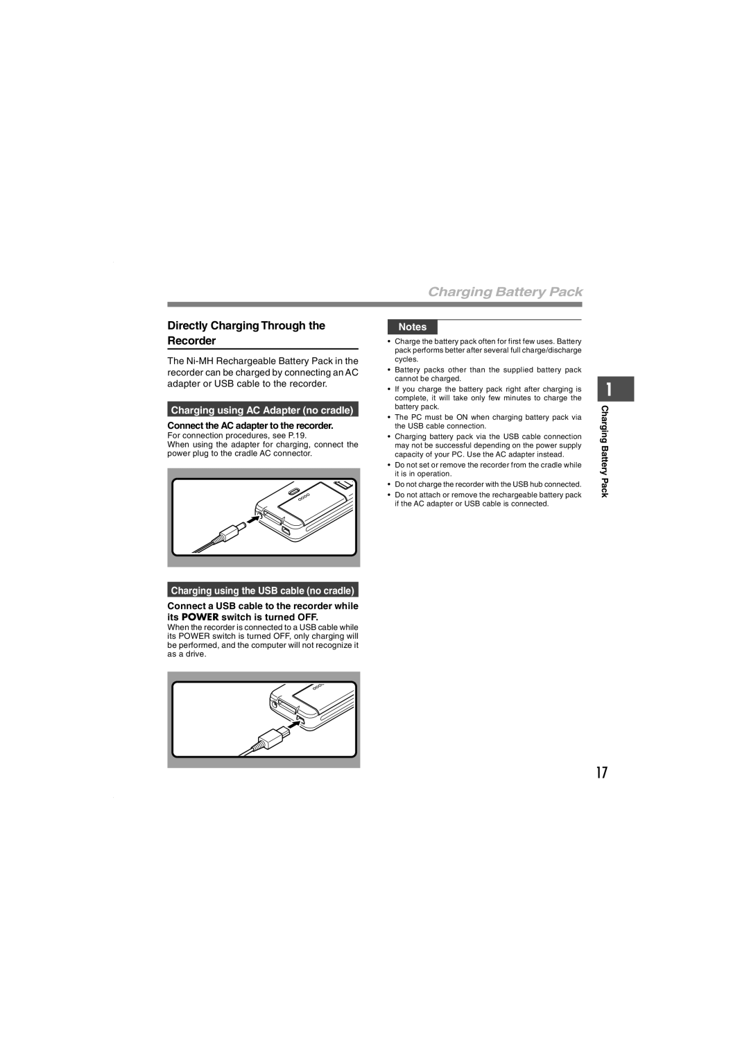 Olympus DS-5000 manual Charging Battery Pack, Directly Charging Through the Recorder, Charging using AC Adapter no cradle 