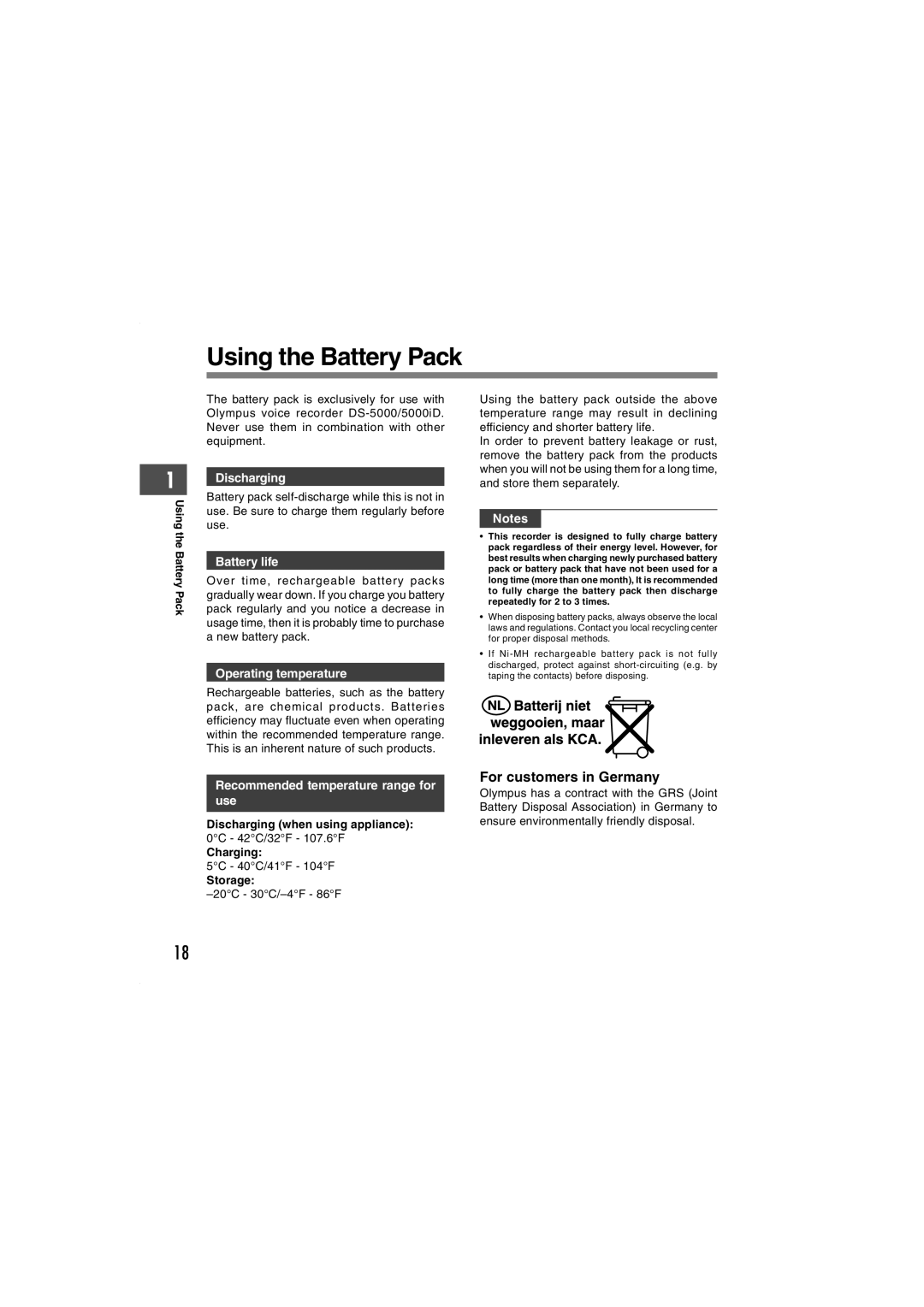 Olympus DS-5000iD manual Using the Battery Pack, For customers in Germany 