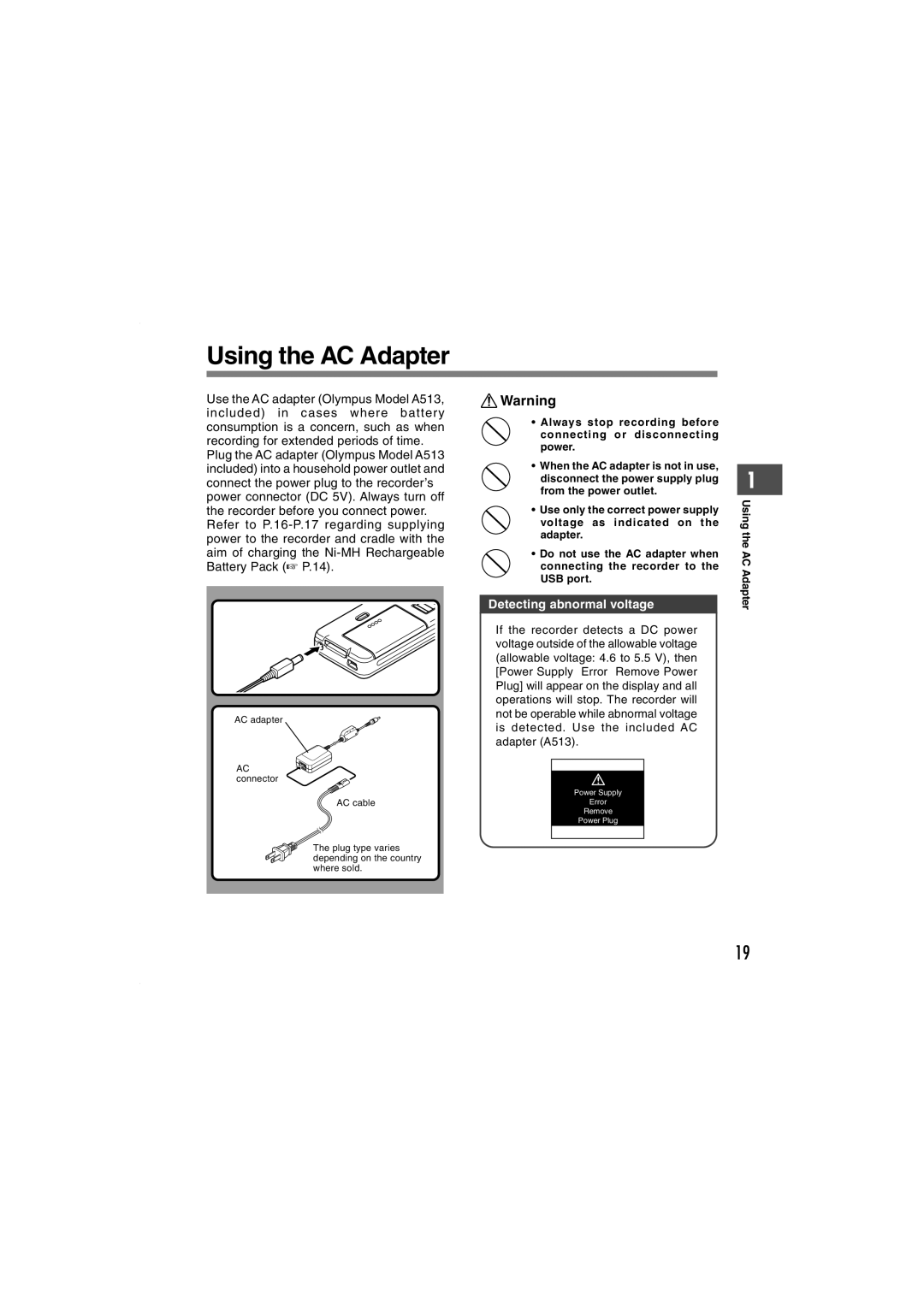 Olympus DS-5000iD manual Using the AC Adapter, Detecting abnormal voltage 