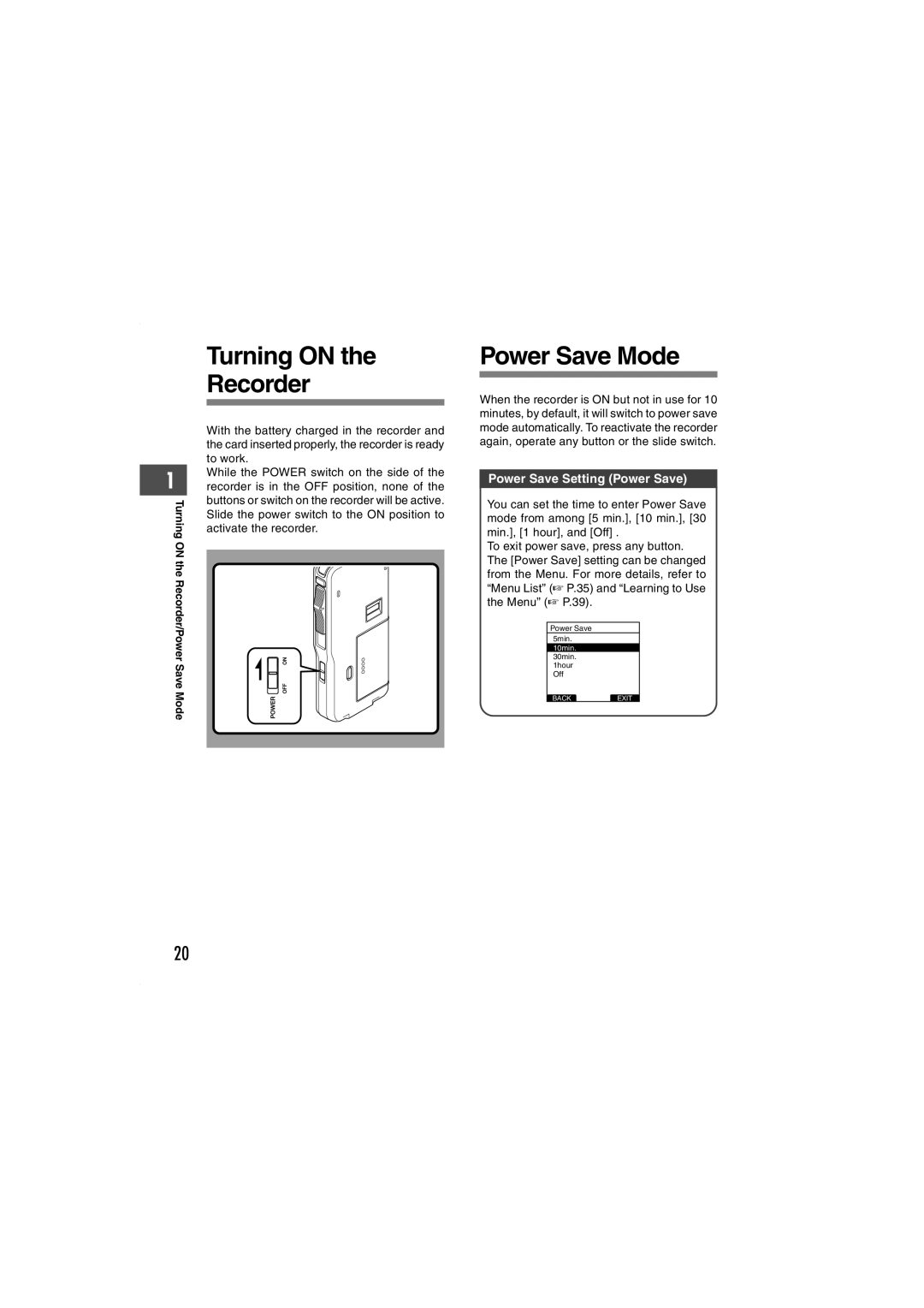 Olympus DS-5000iD manual Turning on Recorder, Power Save Setting Power Save, Recor der/Power Save Mode 